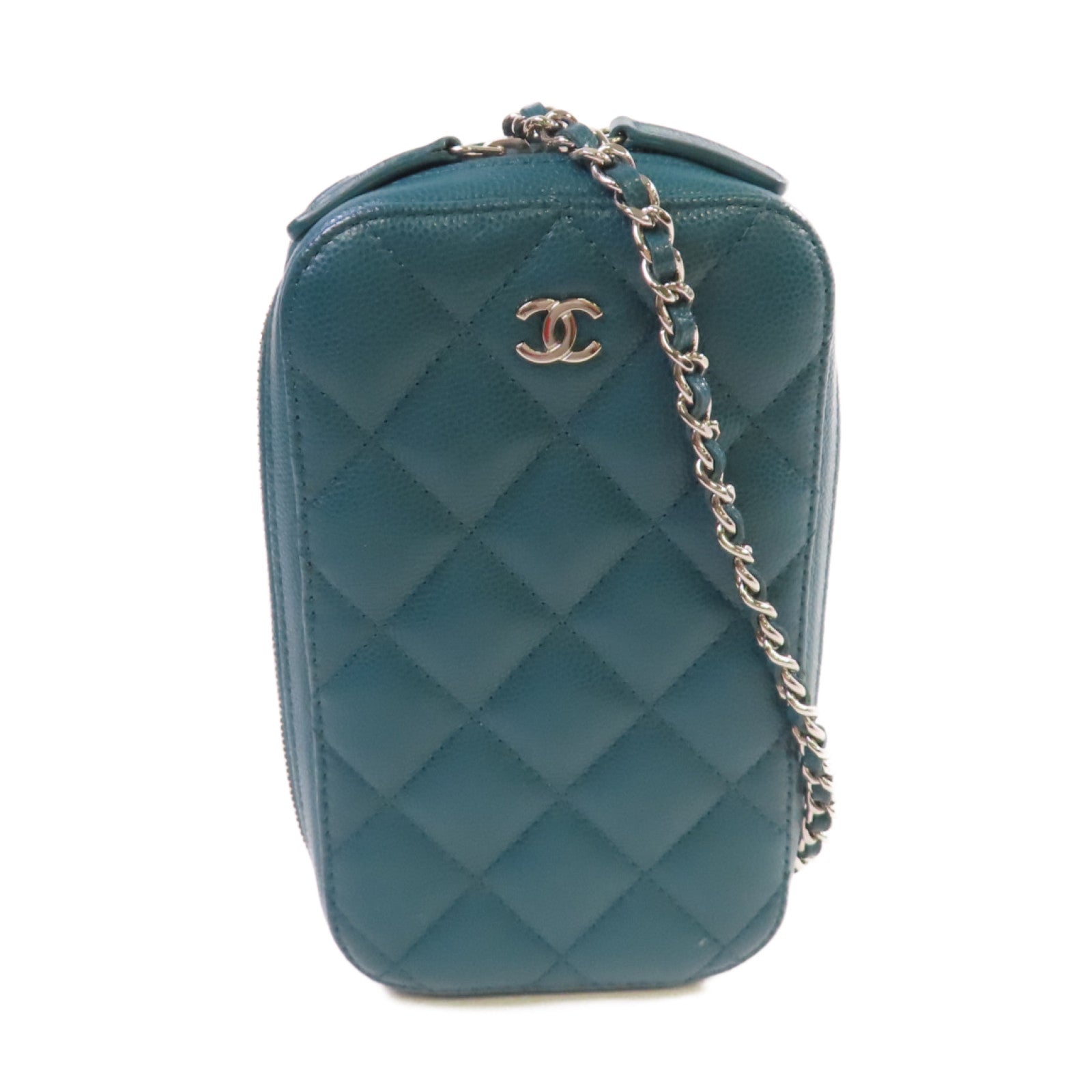 CHANEL 菱格Caviar皮革Chain Phone Holder Bag銀扣鏈帶肩背袋綠色