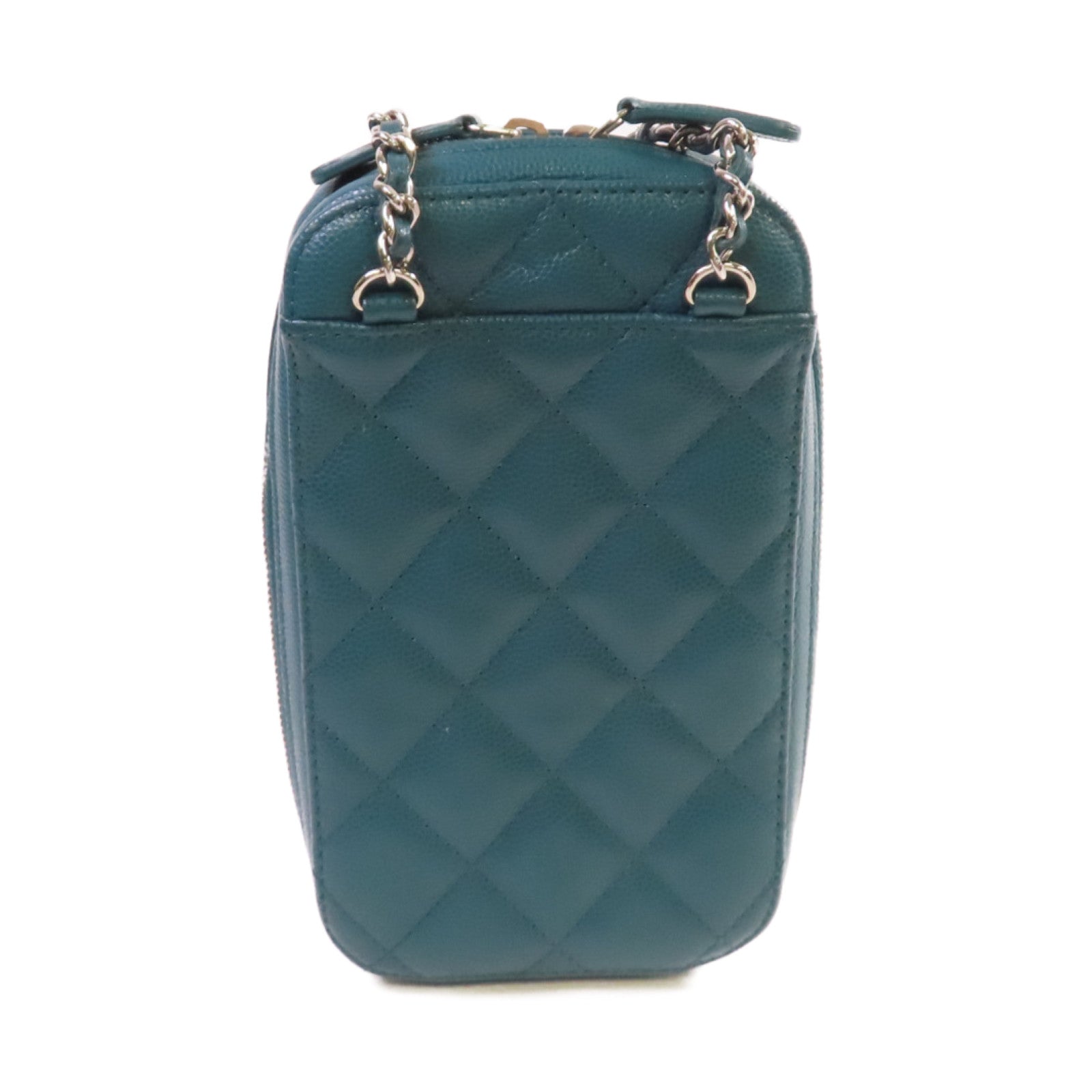 CHANEL 菱格Caviar皮革Chain Phone Holder Bag銀扣鏈帶肩背袋綠色
