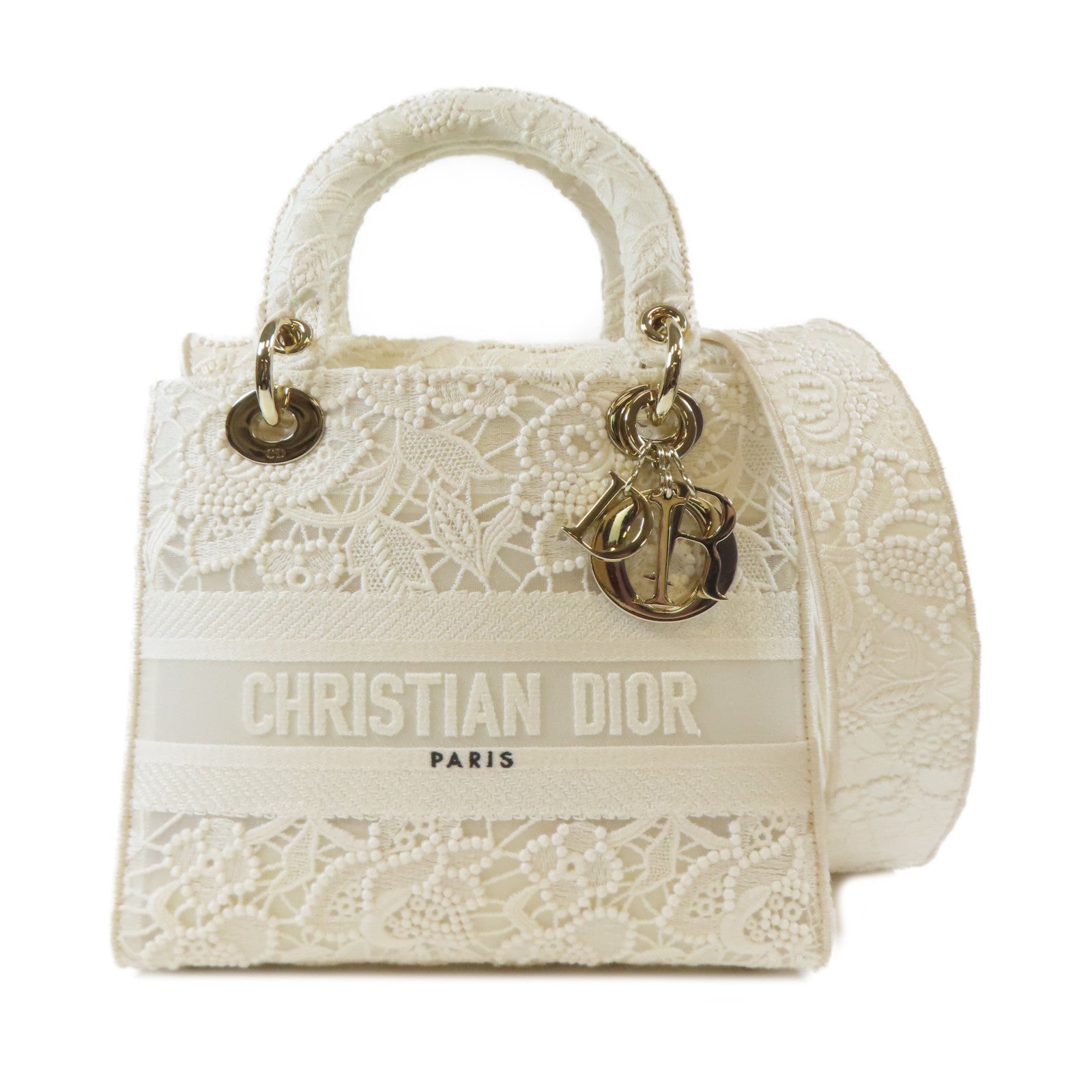 Dior 布料Lady Dior Shoulder金扣手挽肩背兩用袋白色