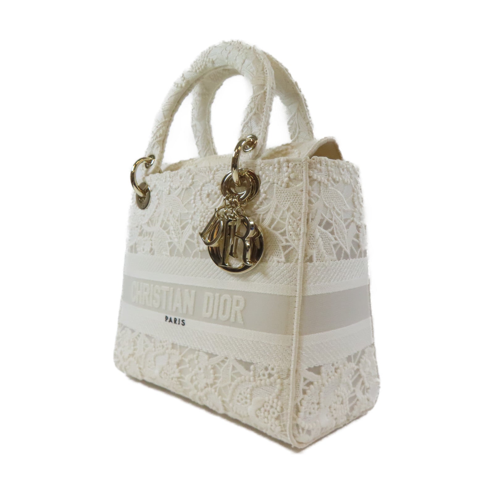 Dior 布料Lady Dior Shoulder金扣手挽肩背兩用袋白色