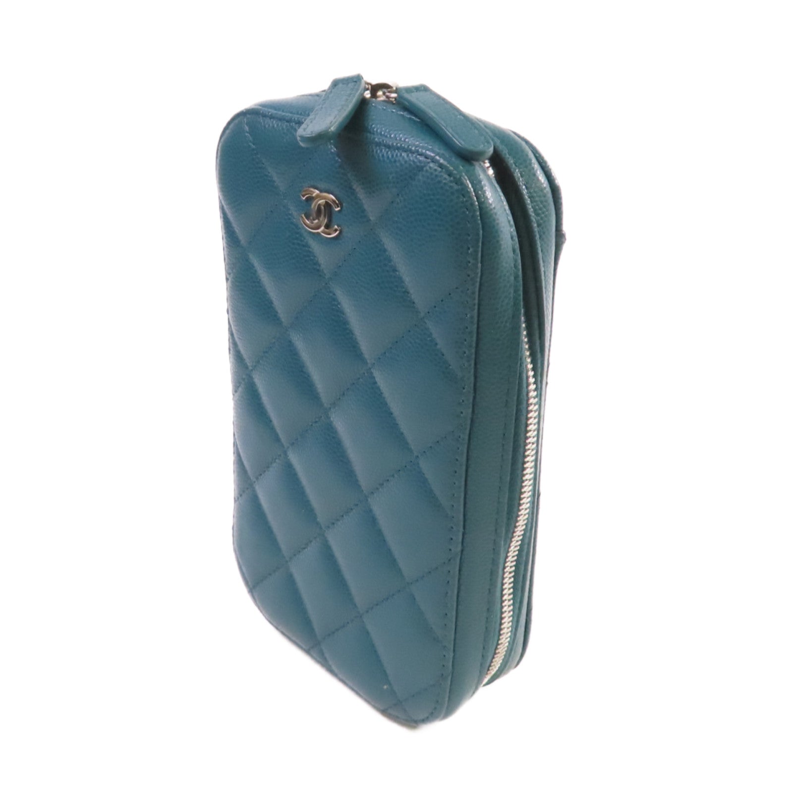 CHANEL 菱格Caviar皮革Chain Phone Holder Bag銀扣鏈帶肩背袋綠色