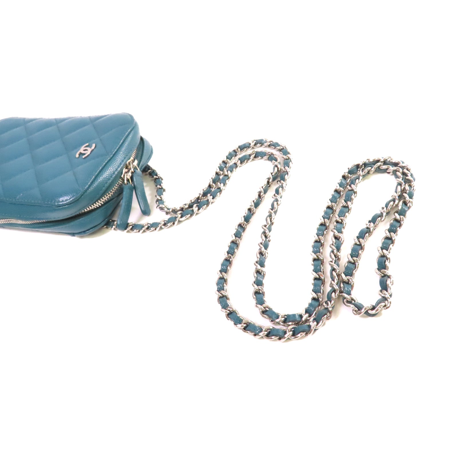 CHANEL 菱格Caviar皮革Chain Phone Holder Bag銀扣鏈帶肩背袋綠色