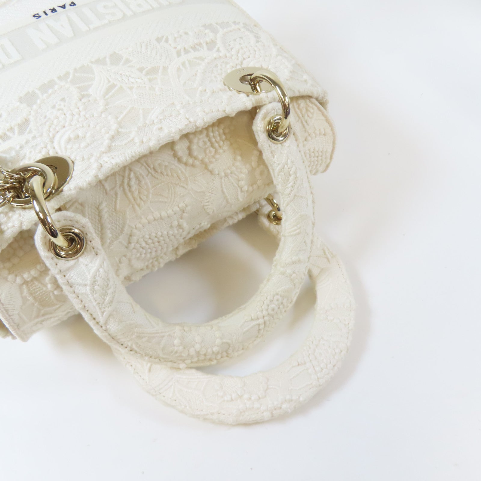 Dior 布料Lady Dior Shoulder金扣手挽肩背兩用袋白色