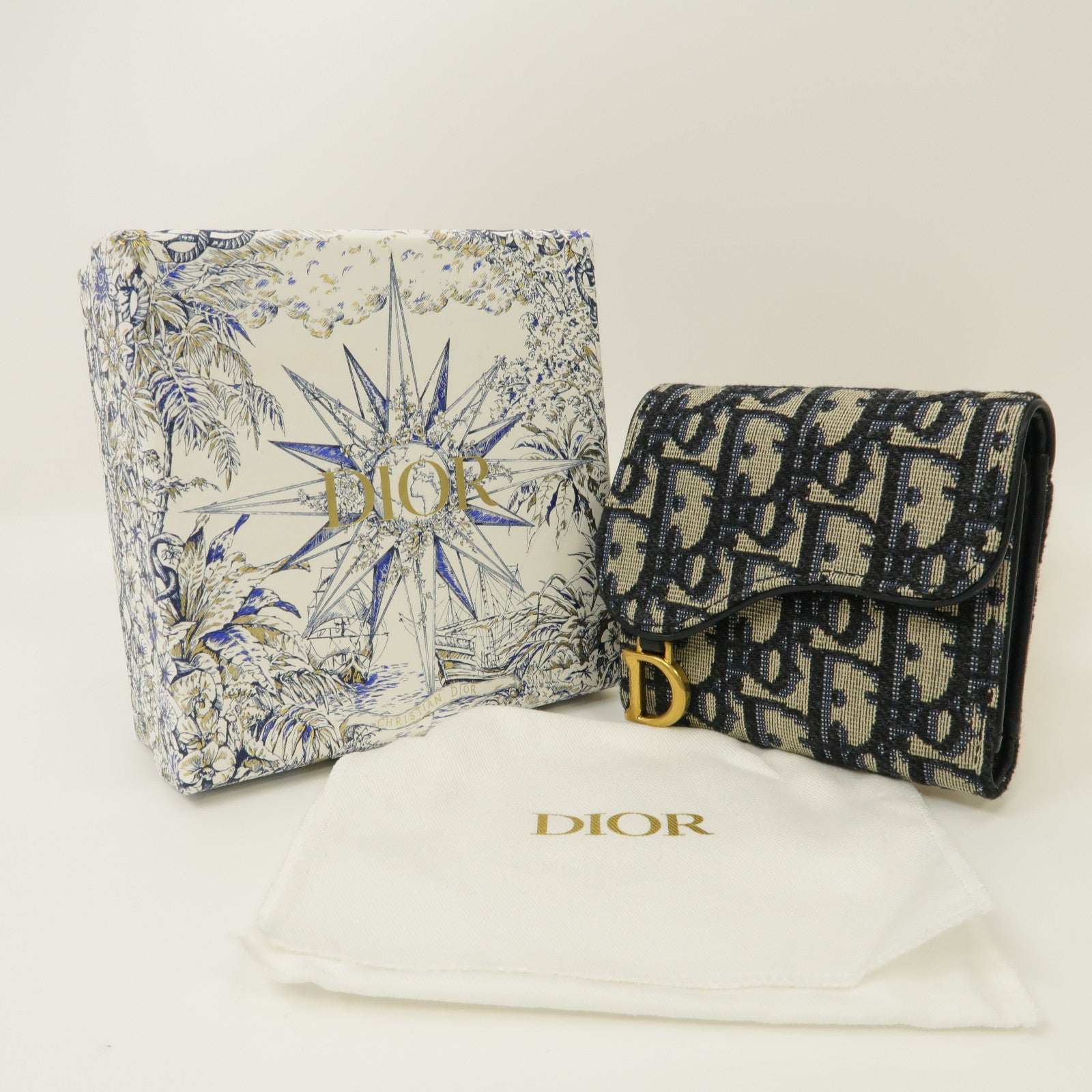 Dior 帆布Saddle Lotus Wallet金扣折疊錢包藍色