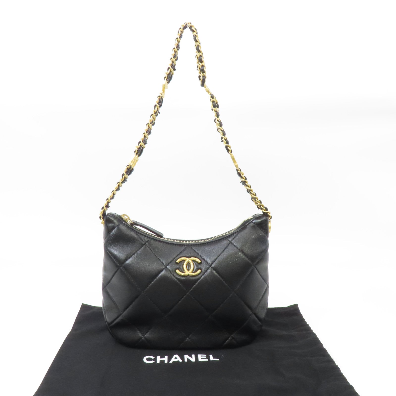 CHANEL 菱格牛皮皮革Chain Shoulder金扣鏈帶肩背袋黑色