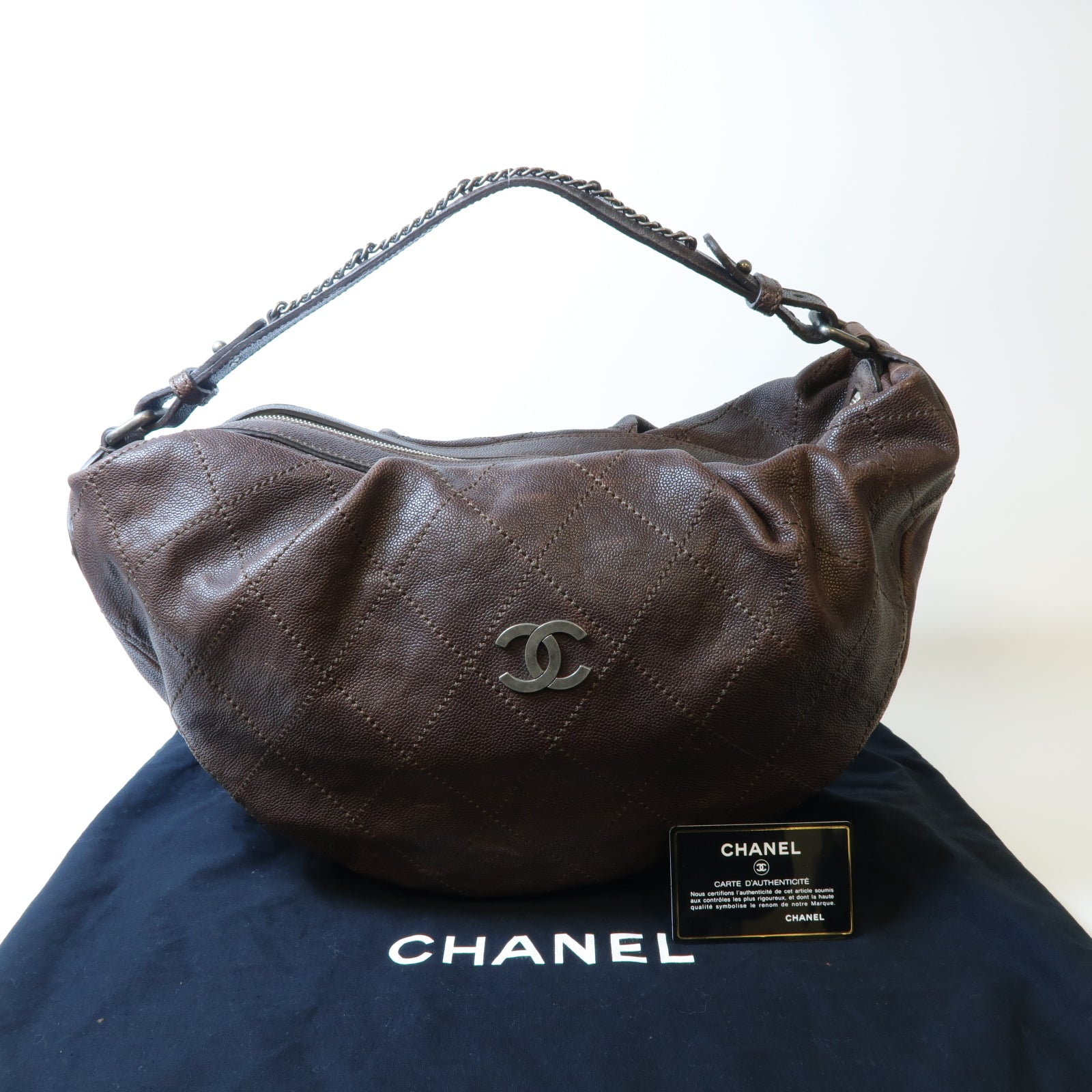 CHANEL 【激減優惠】菱格Caviar皮革Shoulder Bag銀扣肩背袋啡色