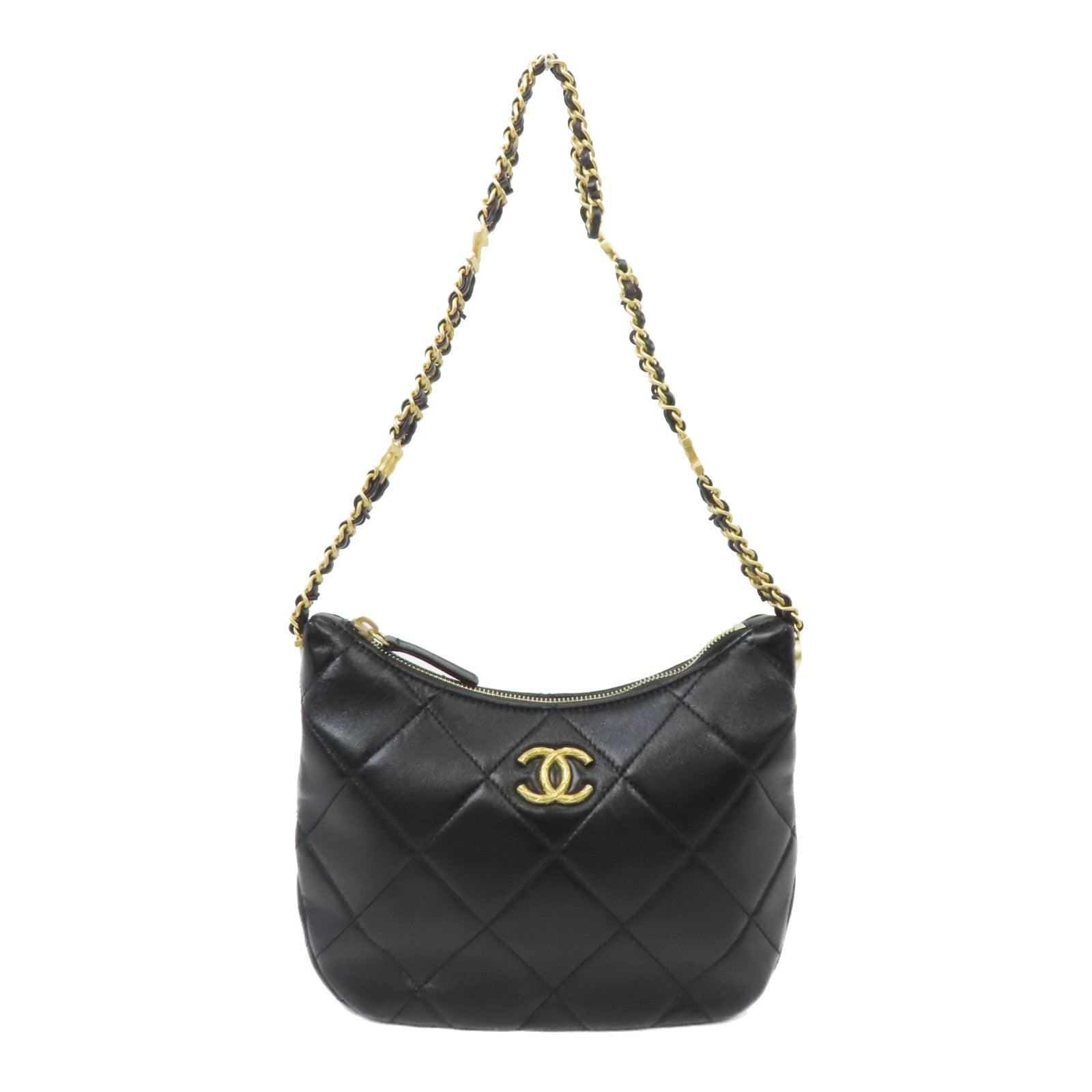 CHANEL 菱格牛皮皮革Chain Shoulder金扣鏈帶肩背袋黑色