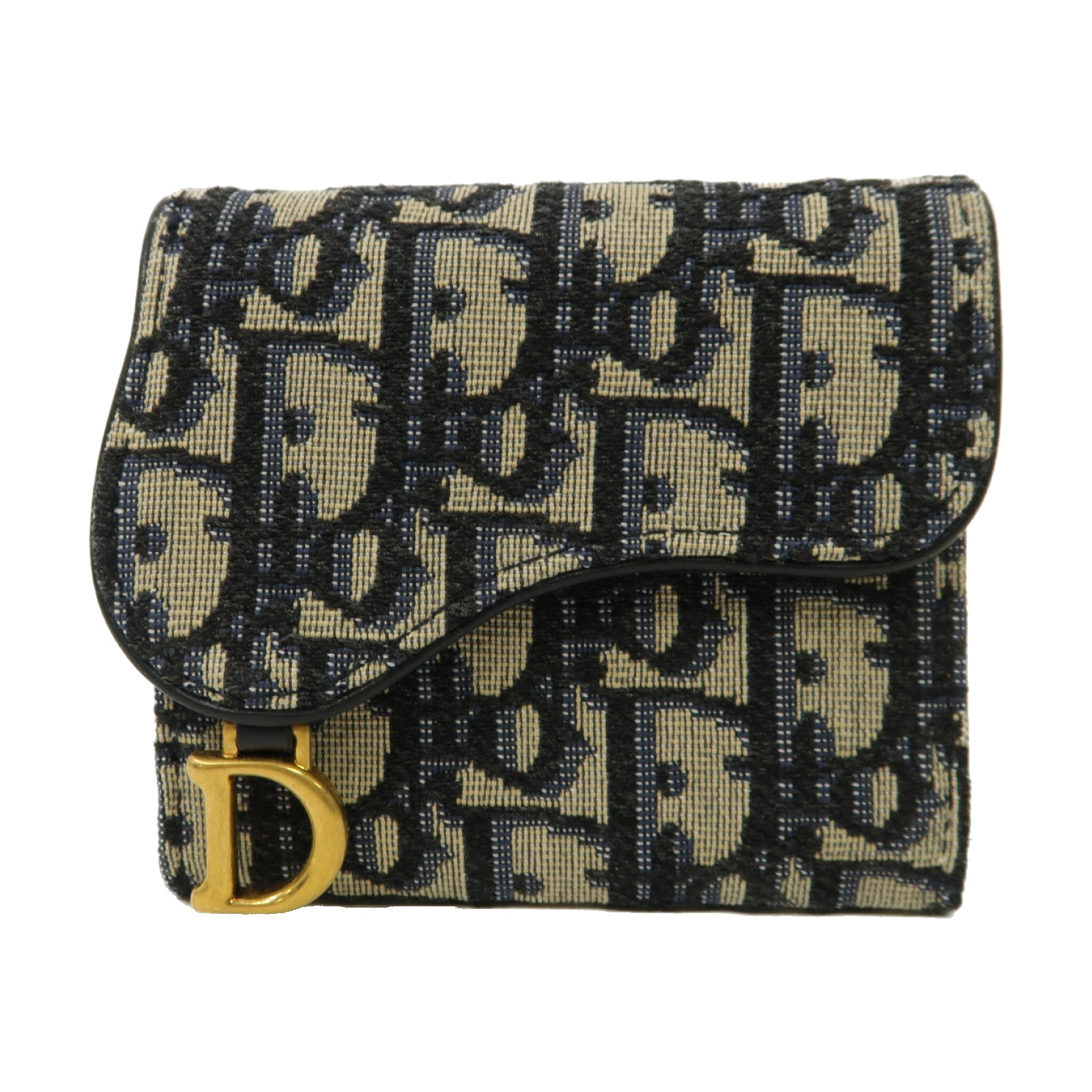 Dior 帆布Saddle Lotus Wallet金扣折疊錢包藍色
