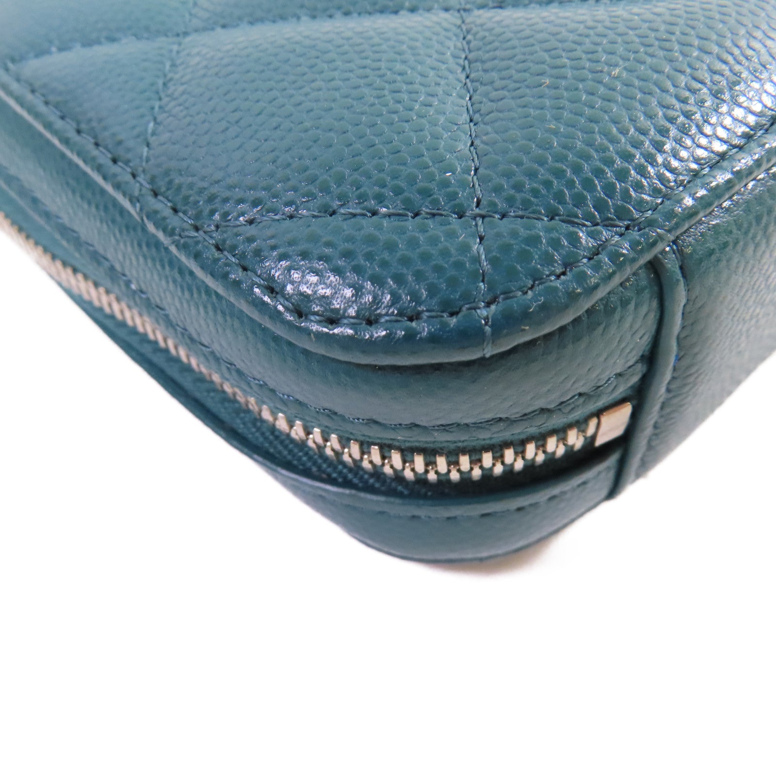 CHANEL 菱格Caviar皮革Chain Phone Holder Bag銀扣鏈帶肩背袋綠色