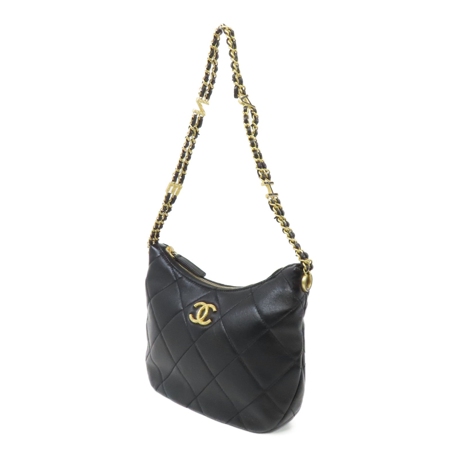 CHANEL 菱格牛皮皮革Chain Shoulder金扣鏈帶肩背袋黑色