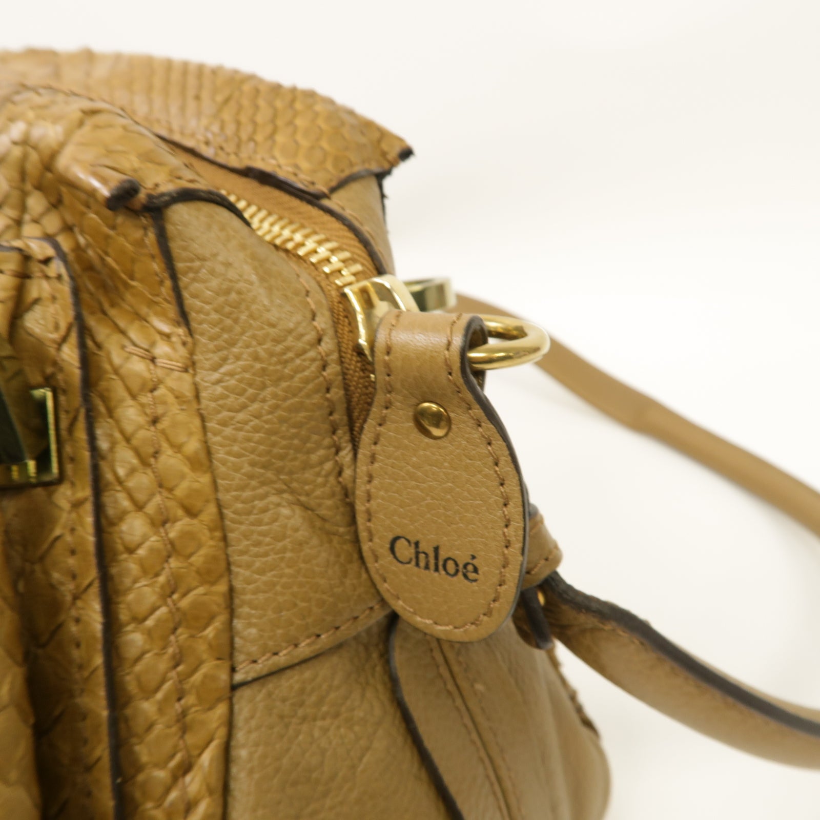 Chloe 蛇皮皮革/牛皮皮革2way Shoulder Bag金扣手挽肩背兩用袋棕色