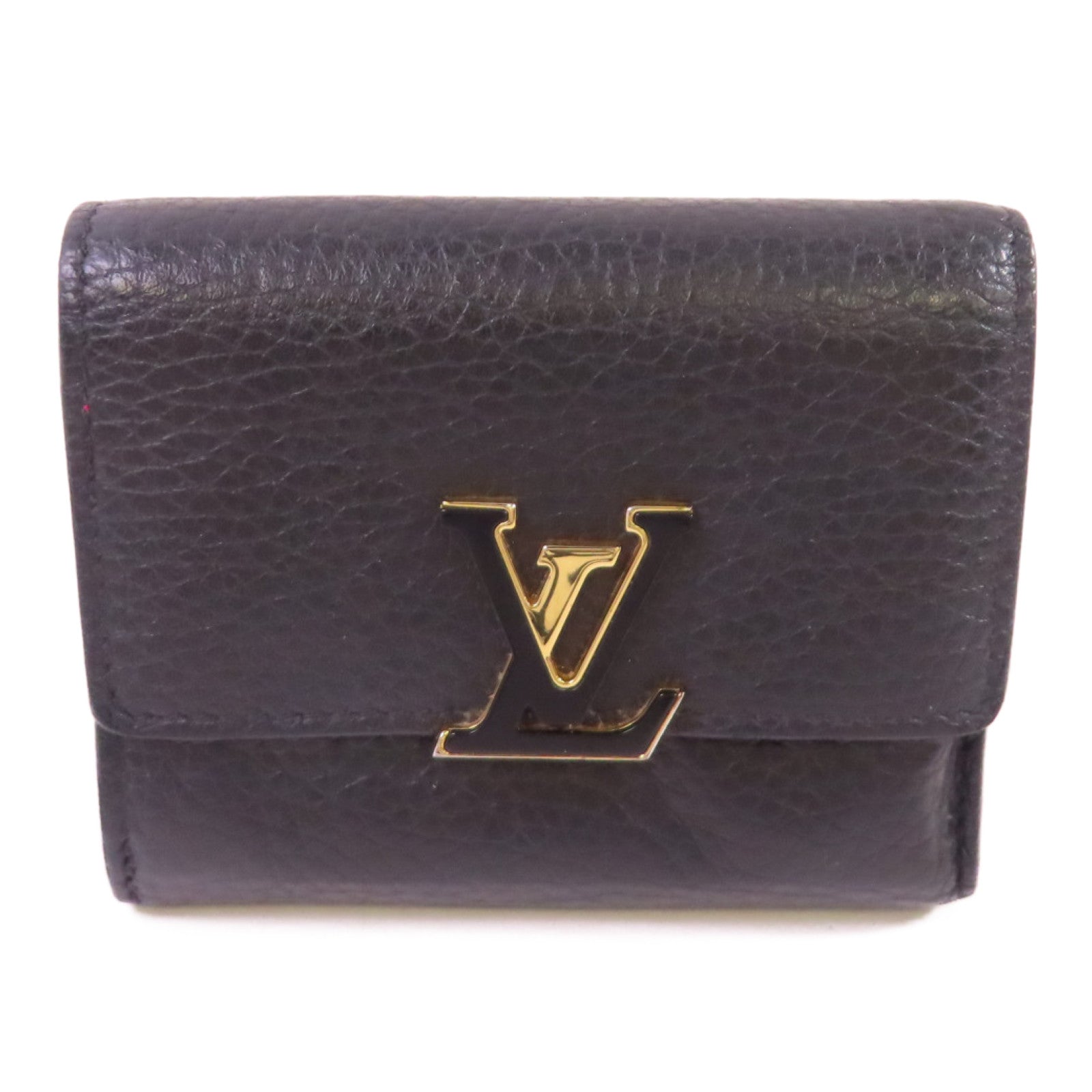 LOUIS VUITTON Taurillon皮革Capucines XS Wallet金扣短錢包黑色/粉紅色