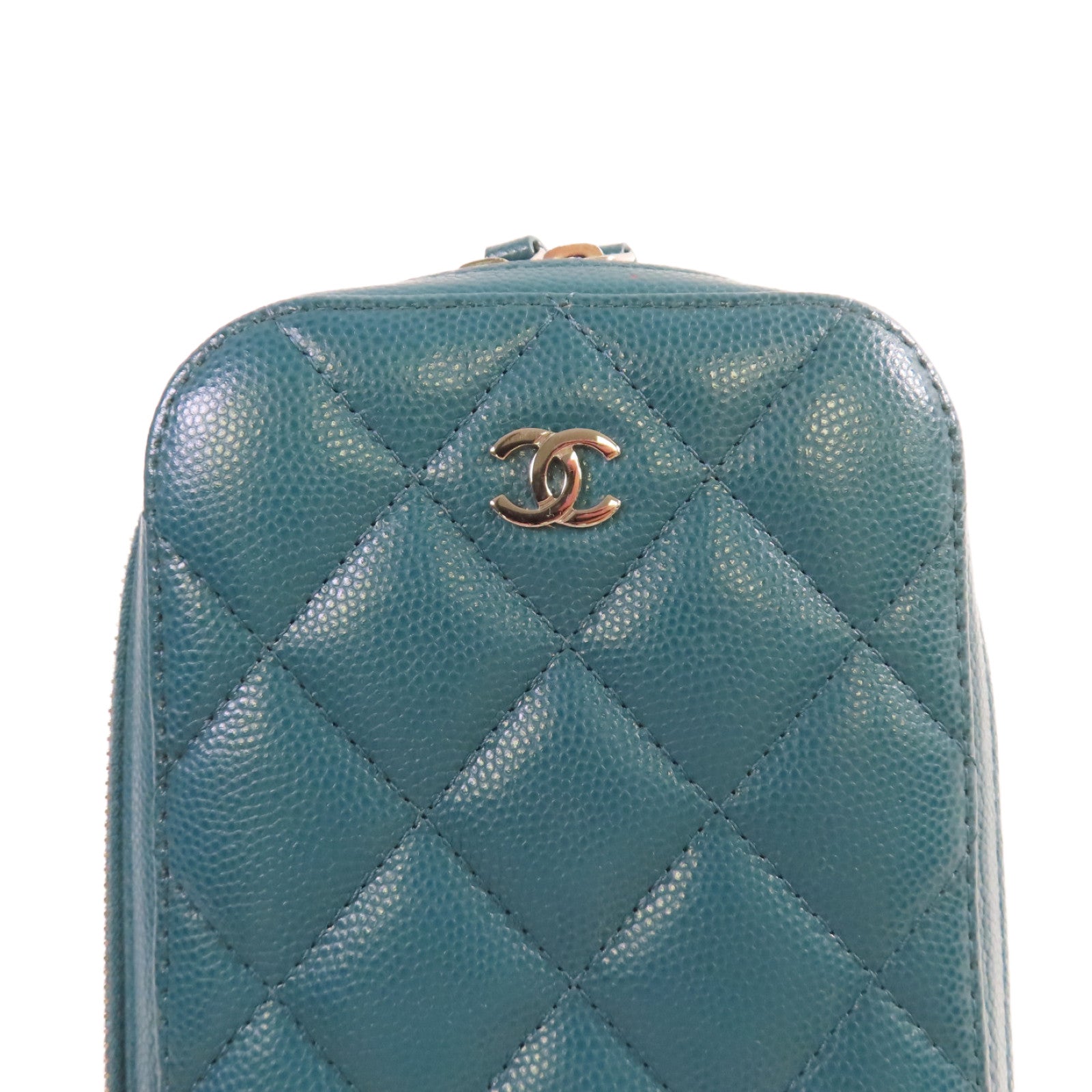 CHANEL 菱格Caviar皮革Chain Phone Holder Bag銀扣鏈帶肩背袋綠色