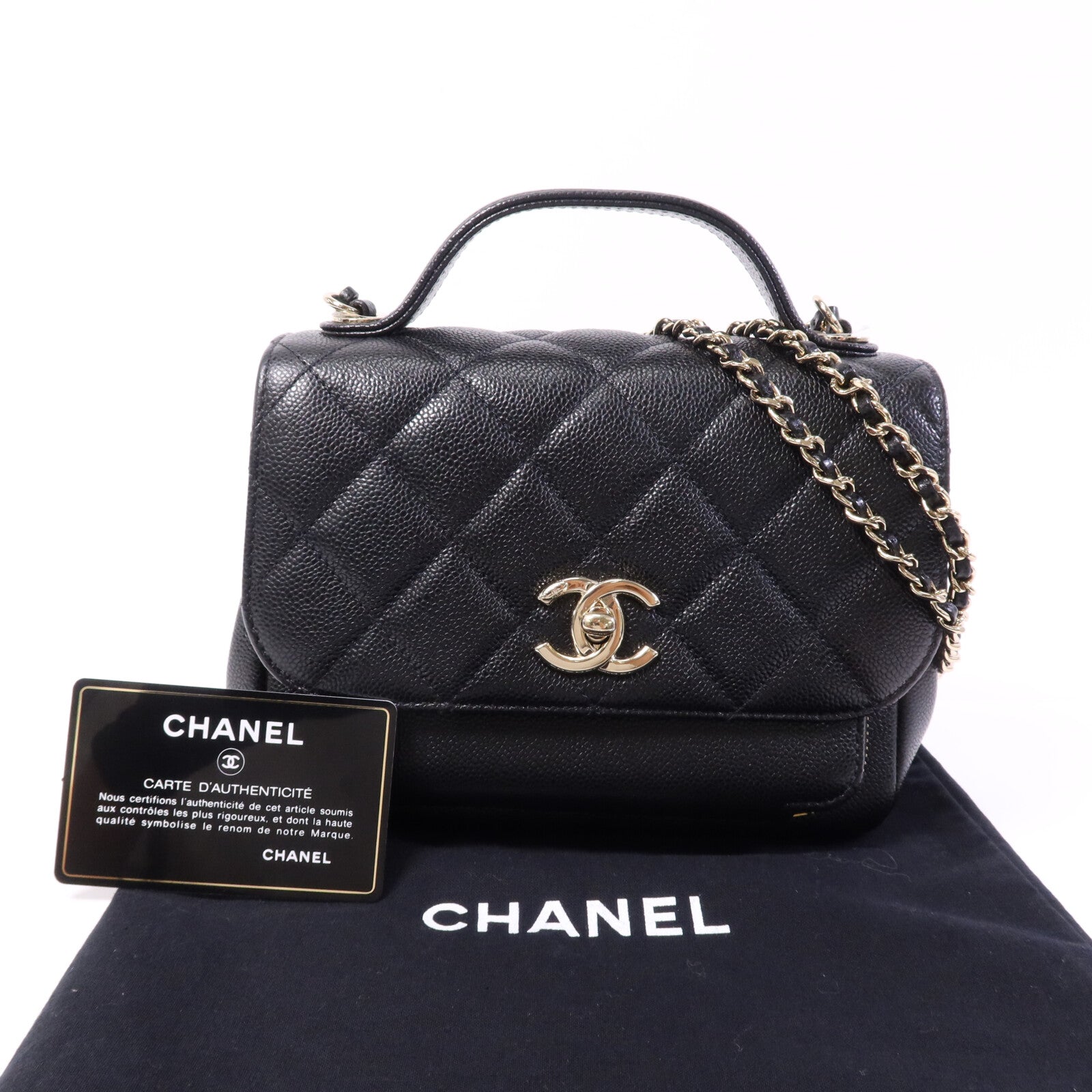 CHANEL 牛皮皮革Business Affinity Small金扣鏈帶手挽肩背兩用袋