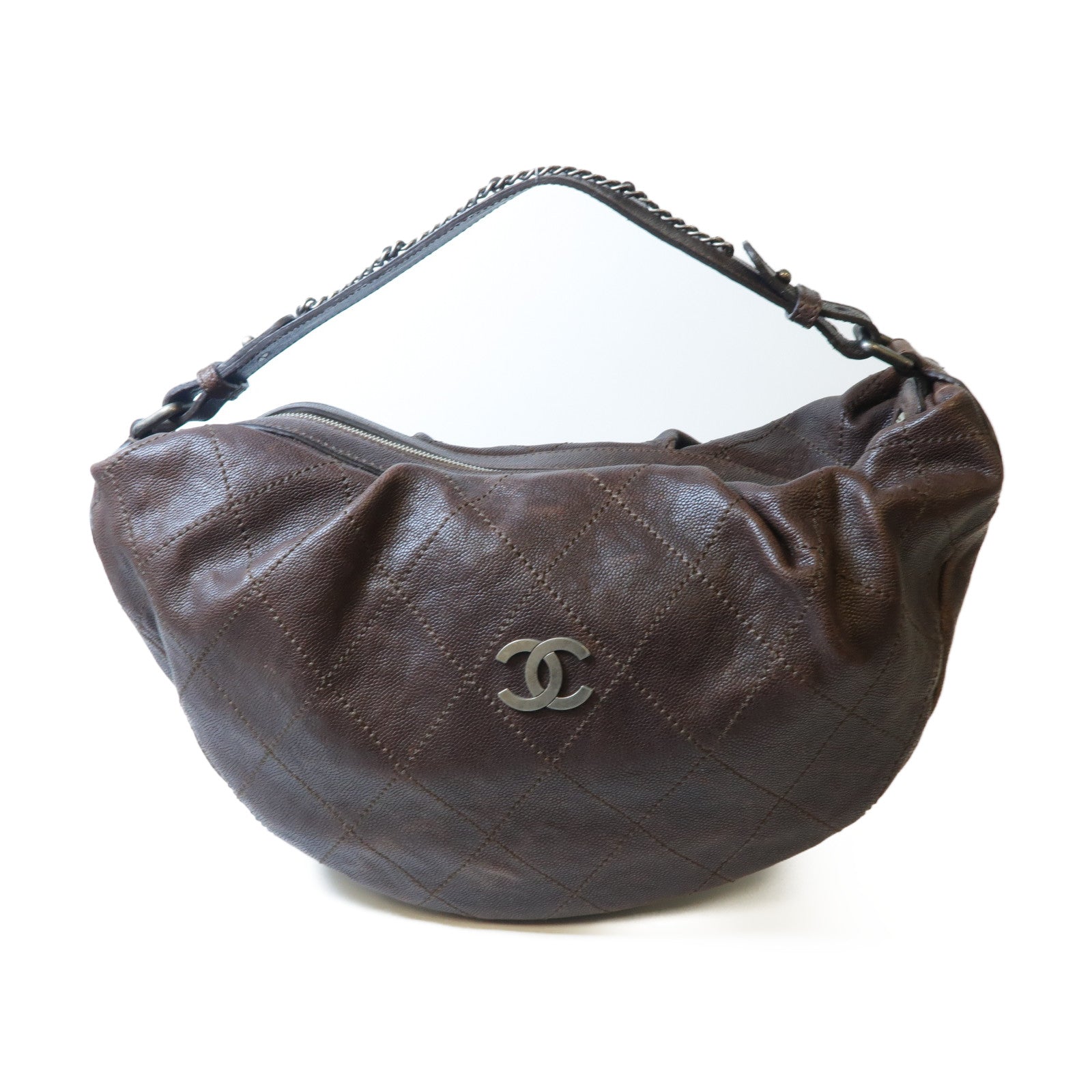 CHANEL 【激減優惠】菱格Caviar皮革Shoulder Bag銀扣肩背袋啡色