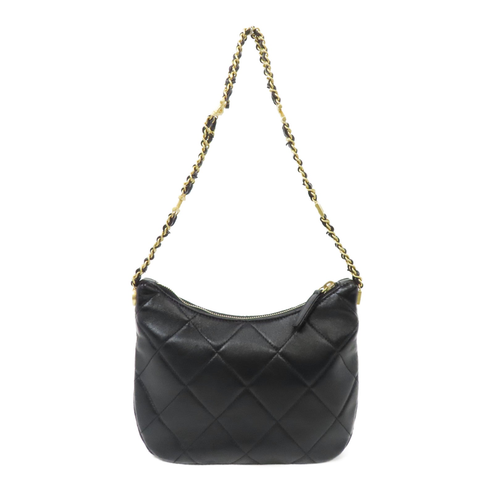 CHANEL 菱格牛皮皮革Chain Shoulder金扣鏈帶肩背袋黑色