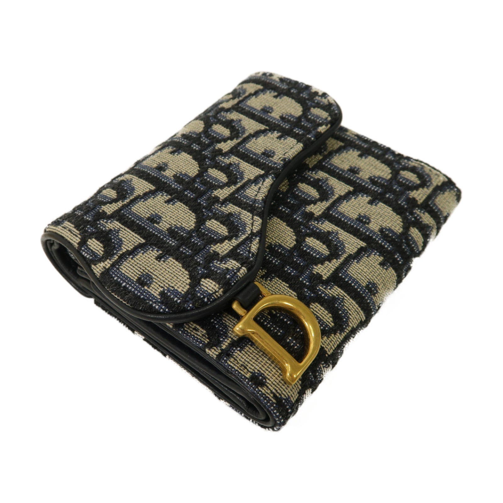 Dior 帆布Saddle Lotus Wallet金扣折疊錢包藍色