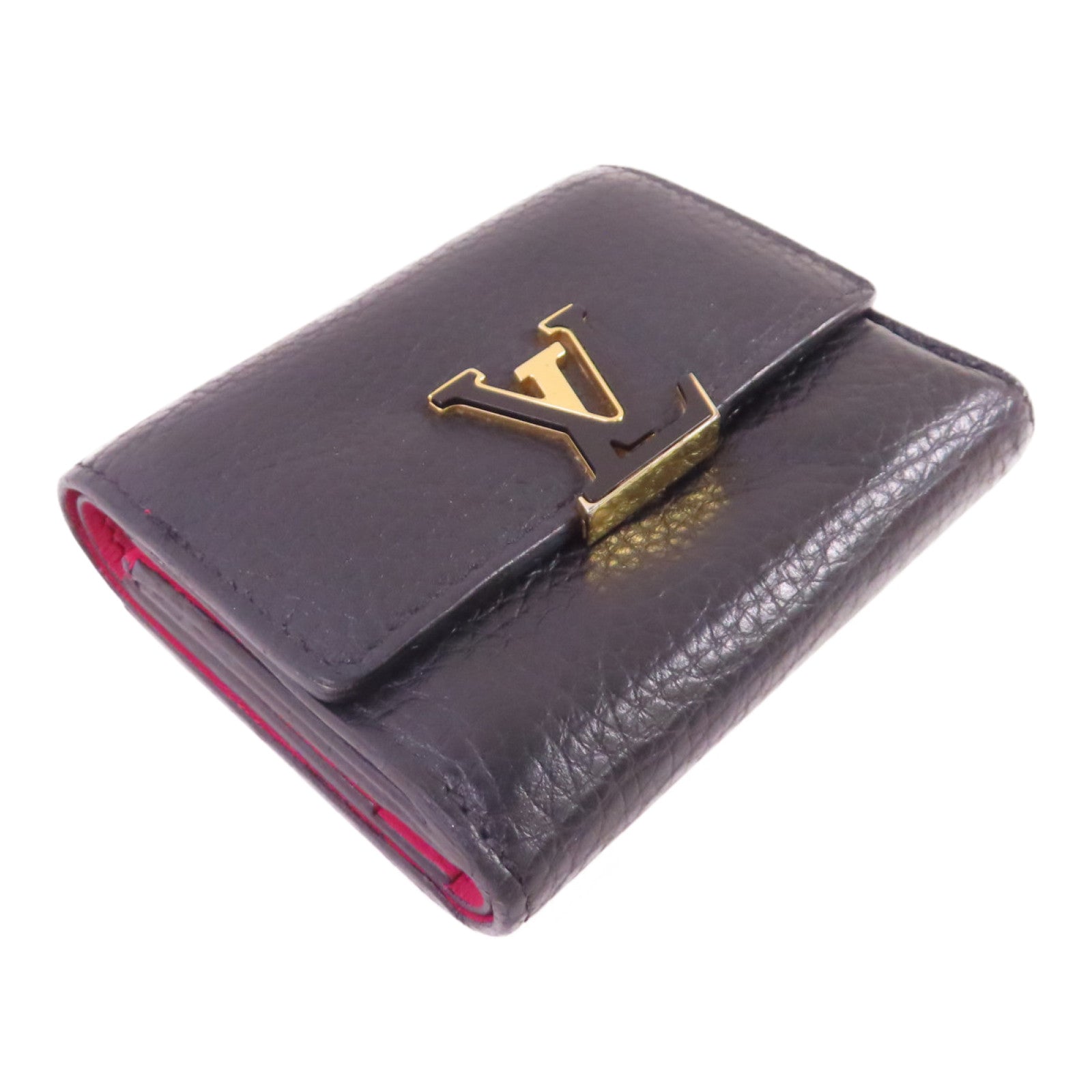 LOUIS VUITTON Taurillon皮革Capucines XS Wallet金扣短錢包黑色/粉紅色