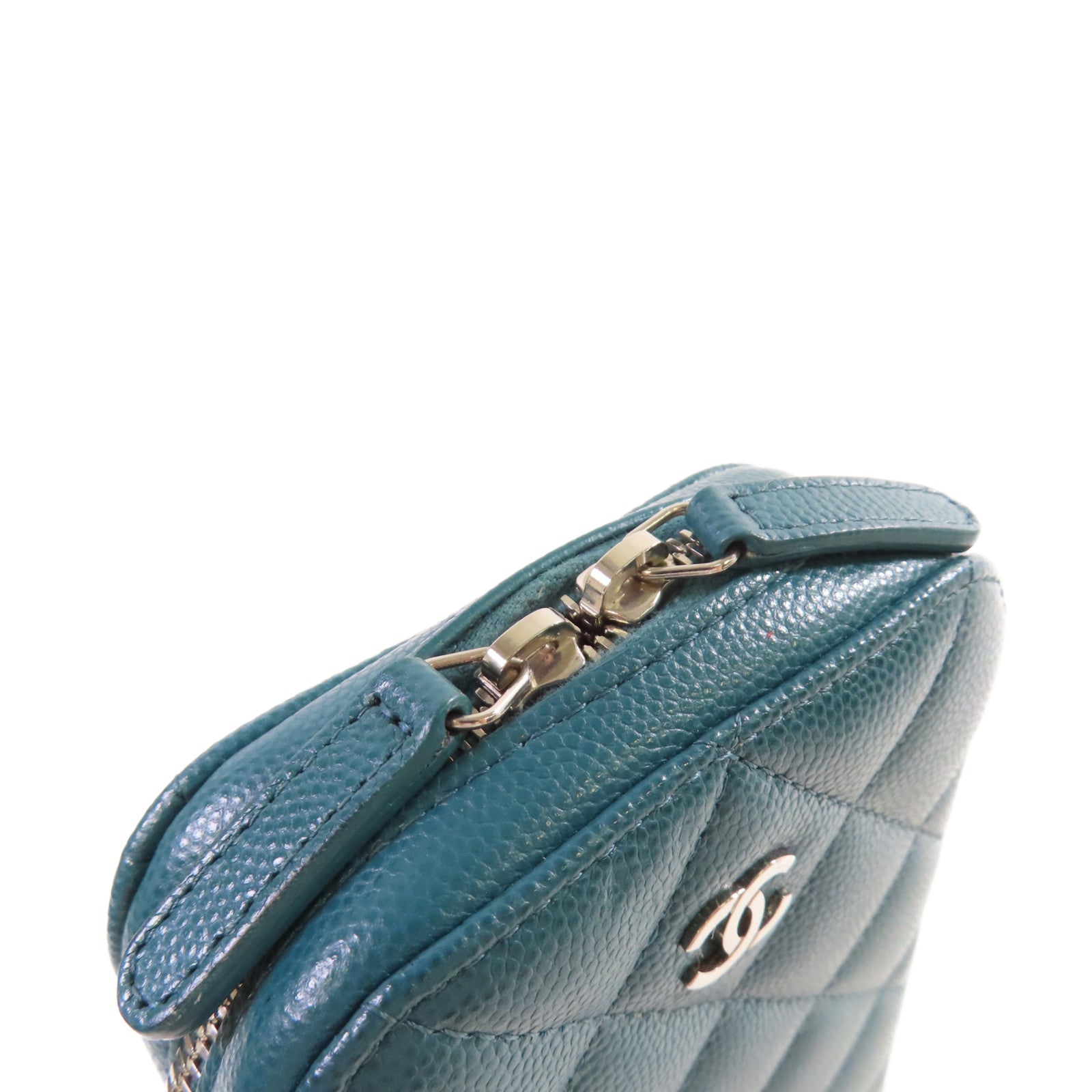 CHANEL 菱格Caviar皮革Chain Phone Holder Bag銀扣鏈帶肩背袋綠色