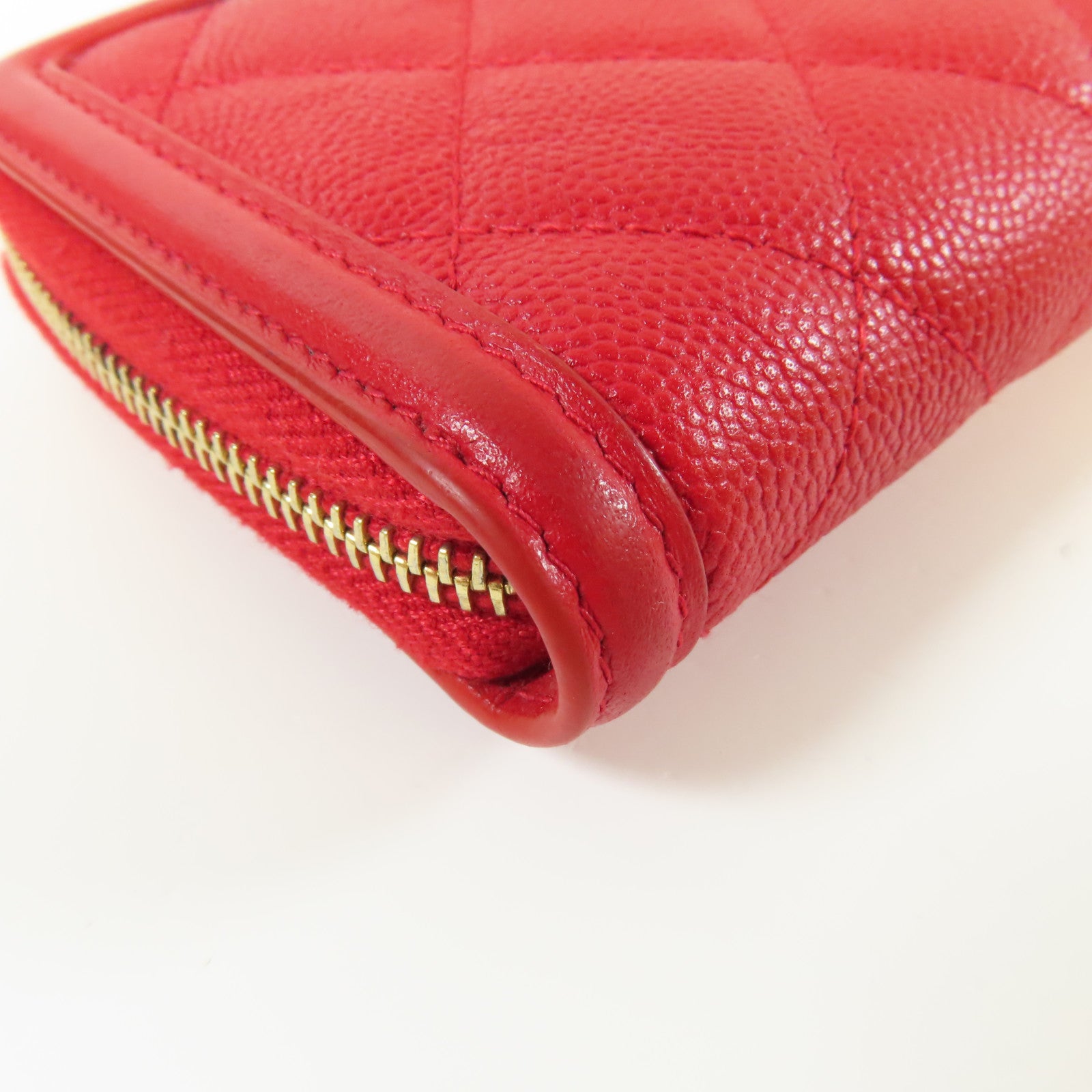 CHANEL 菱格Caviar皮革Round Wallet金扣錢包紅色
