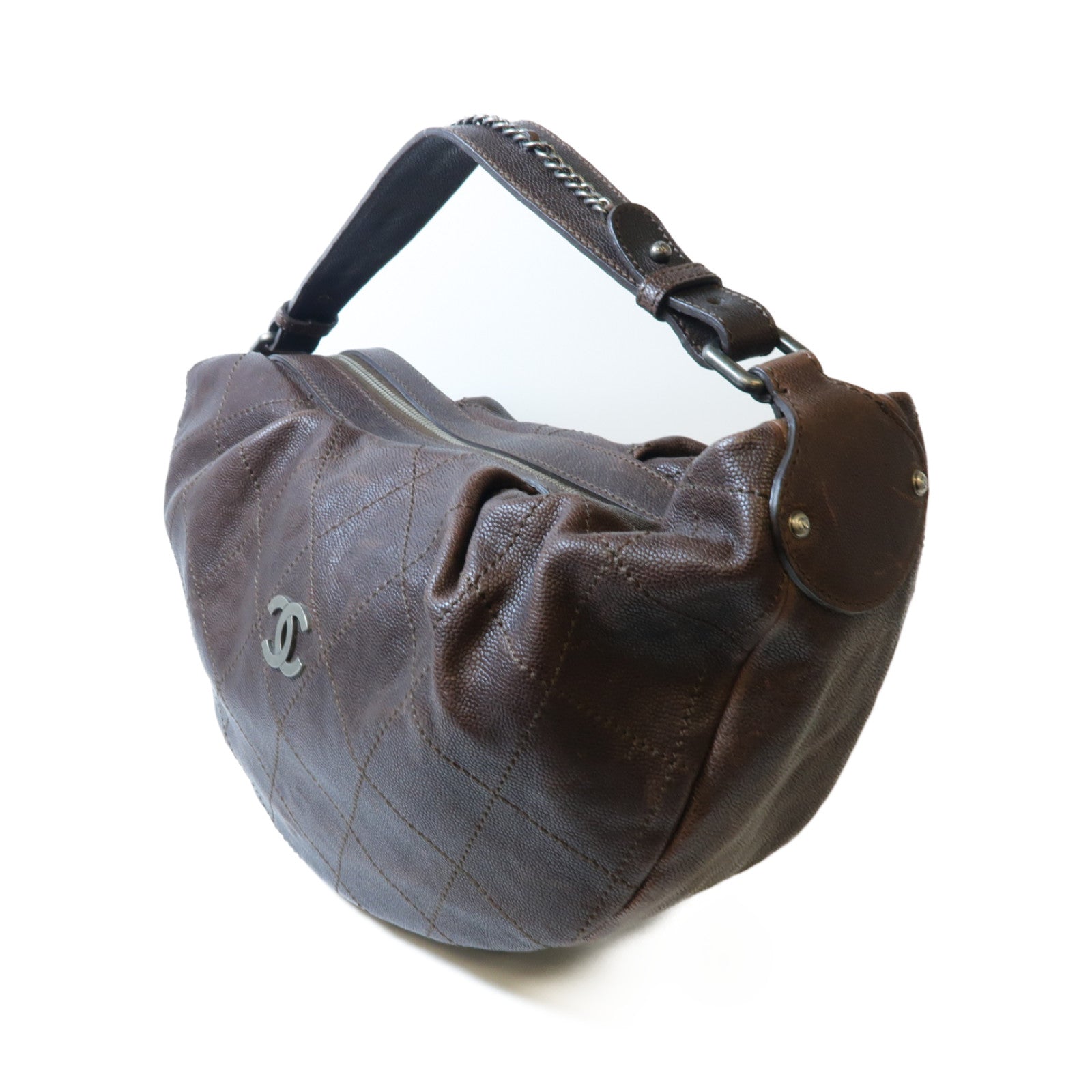 CHANEL 【激減優惠】菱格Caviar皮革Shoulder Bag銀扣肩背袋啡色