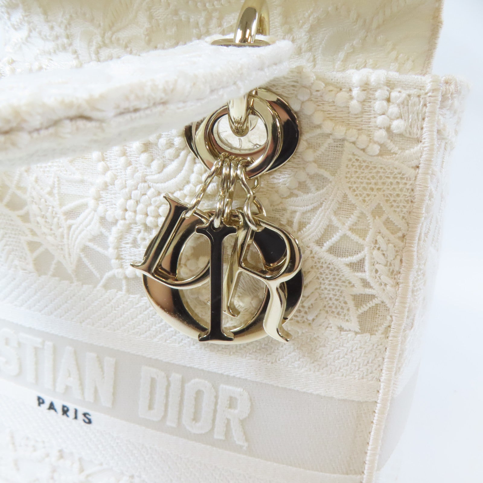 Dior 布料Lady Dior Shoulder金扣手挽肩背兩用袋白色
