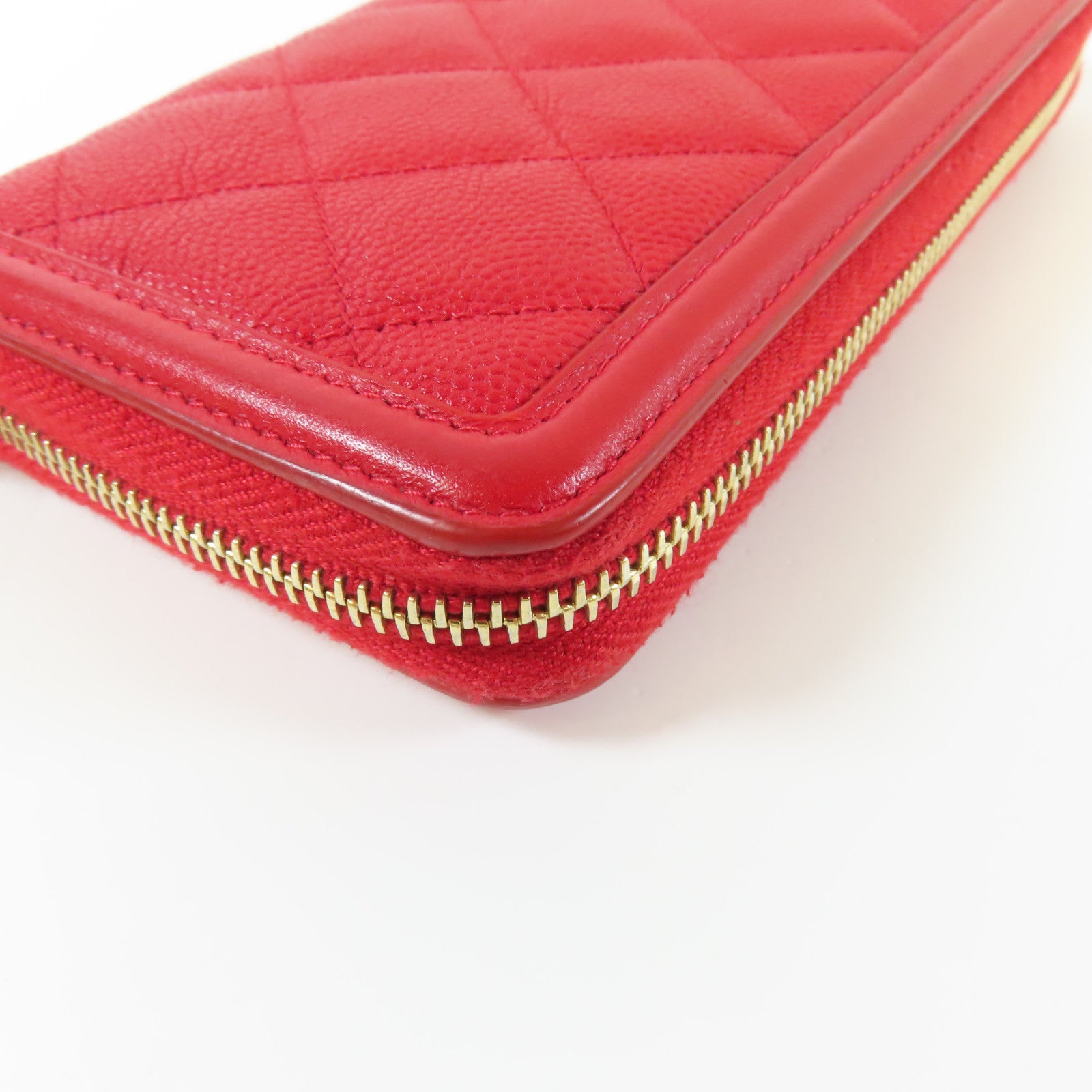 CHANEL 菱格Caviar皮革Round Wallet金扣錢包紅色