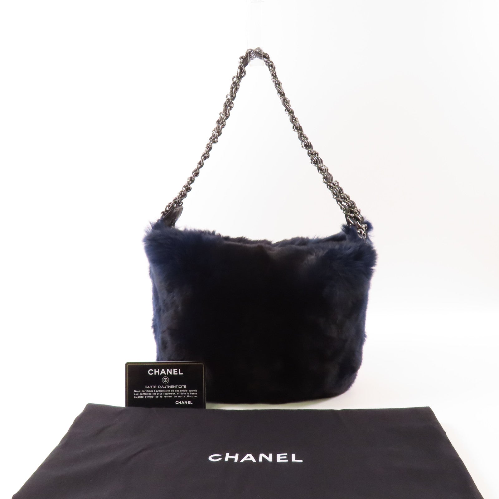 CHANEL 兔毛Chain Shoulder銀扣鏈帶肩背袋