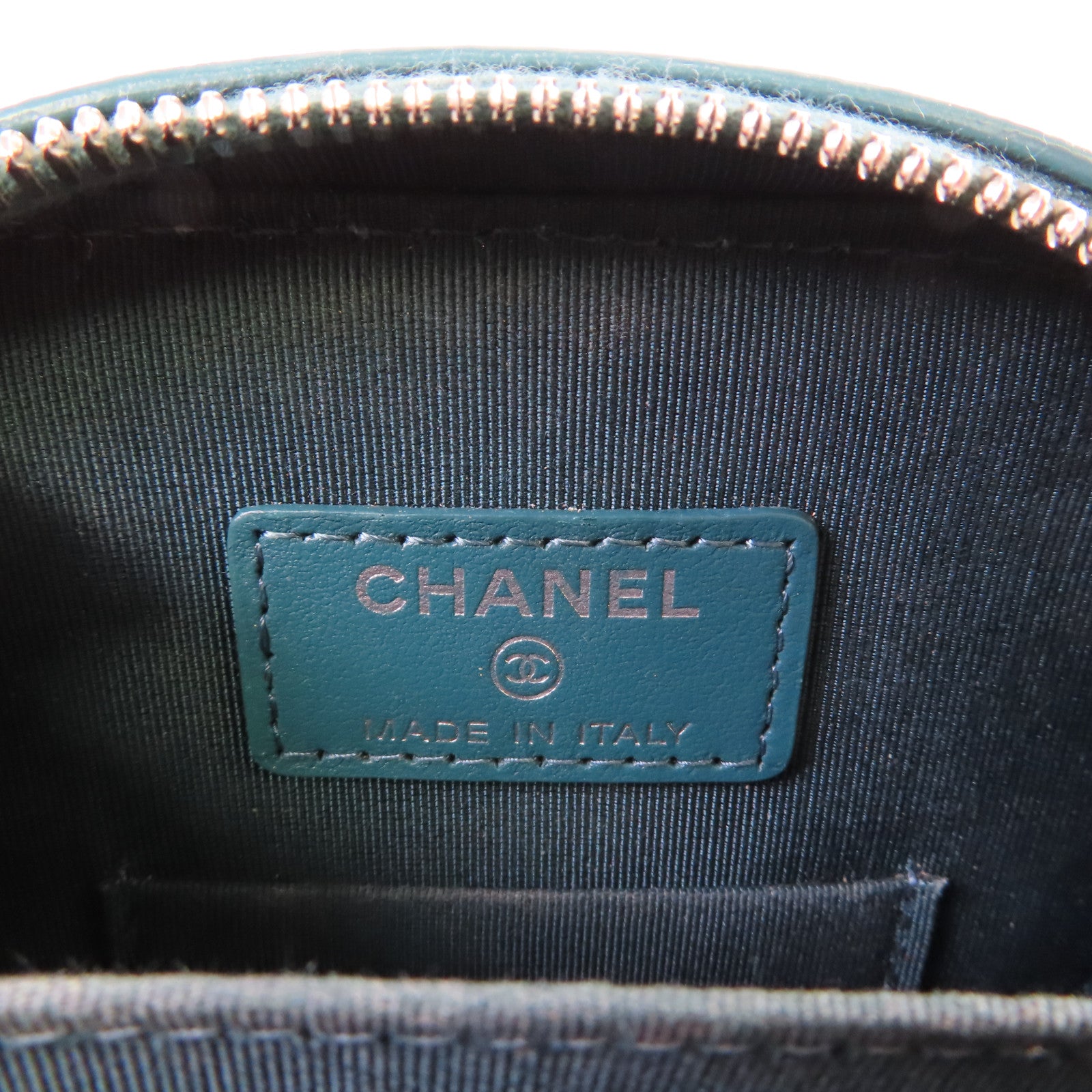 CHANEL 菱格Caviar皮革Chain Phone Holder Bag銀扣鏈帶肩背袋綠色