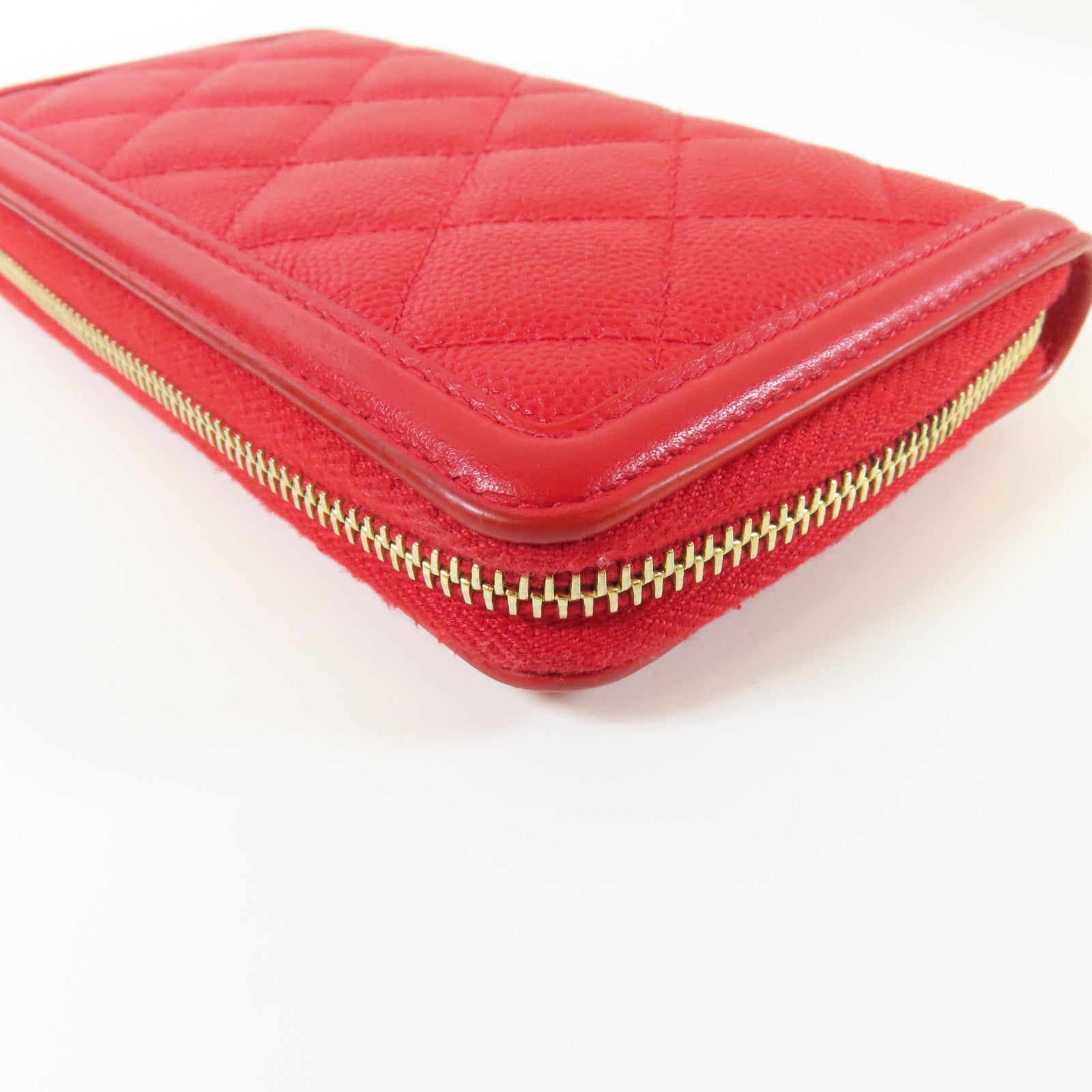 CHANEL 菱格Caviar皮革Round Wallet金扣錢包紅色