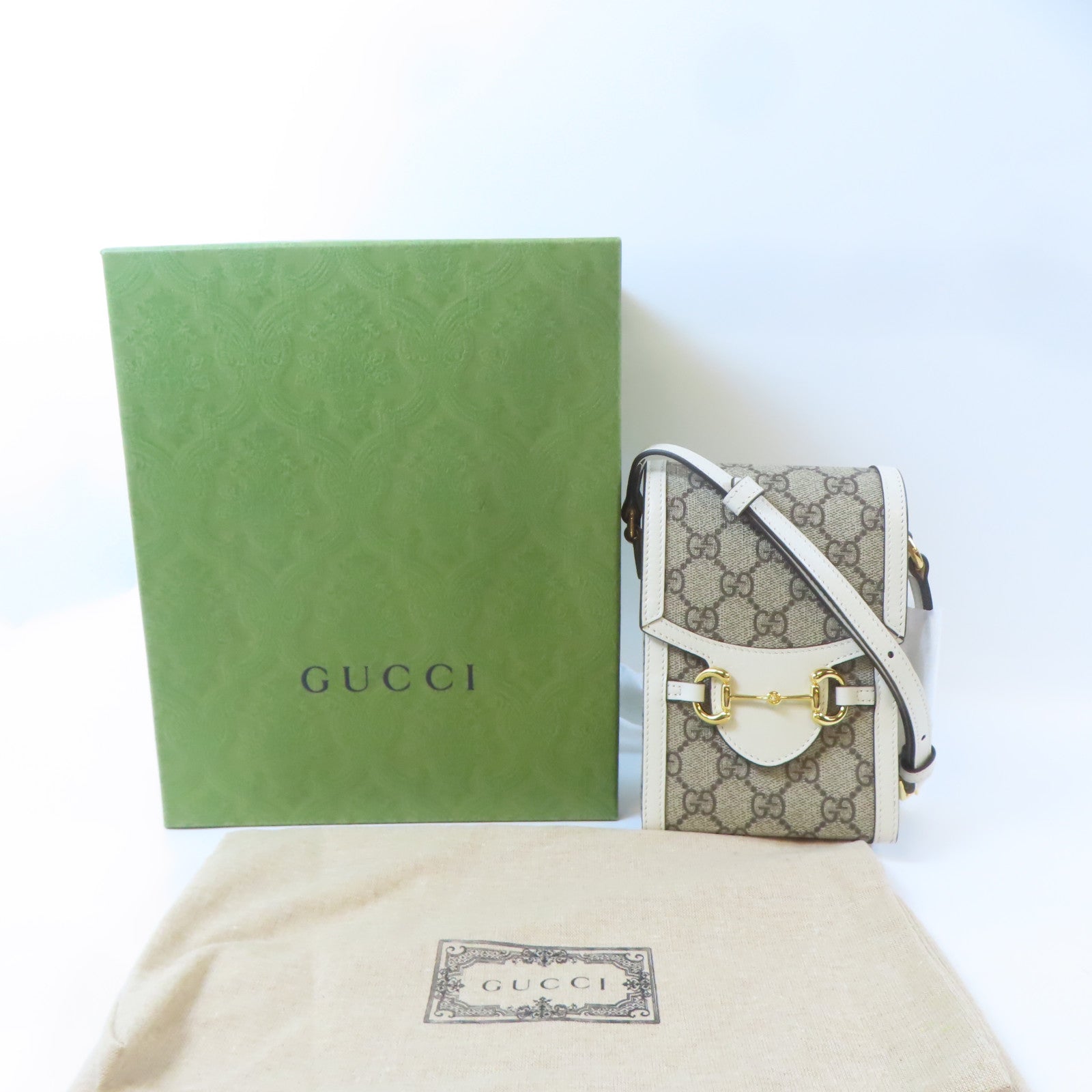GUCCI 塗層帆布Horsebit 1955 Mini Bag金扣肩背袋啡色/白色