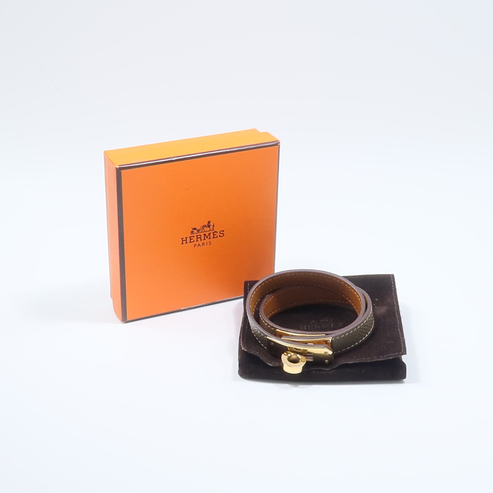 HERMES Epsom皮革/金屬Kelly Double Tour Bracelet手鏈Etoupe