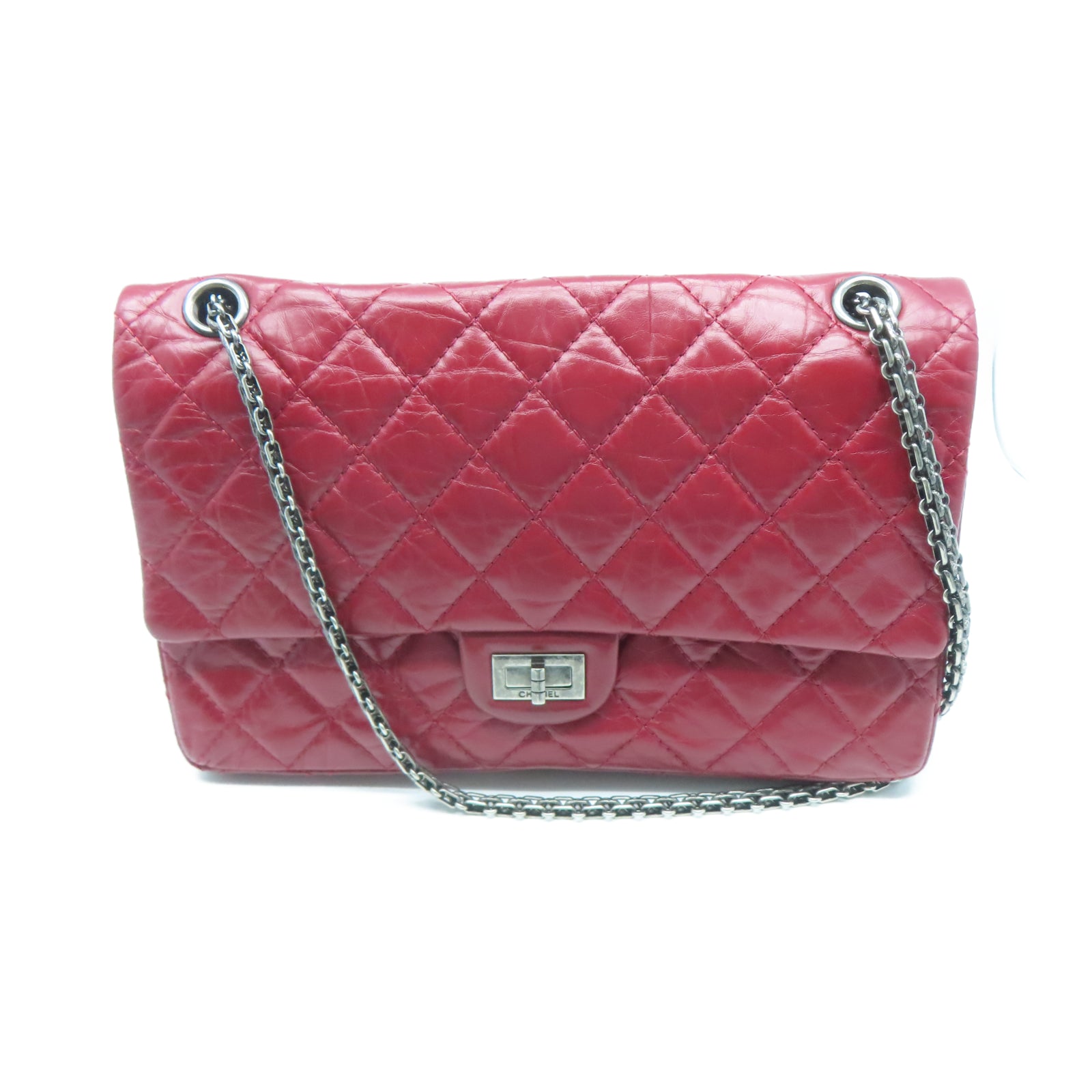 CHANEL 【清倉大減價】牛皮皮革2.55 Chain Shoulder銀扣鏈帶肩背袋紅色