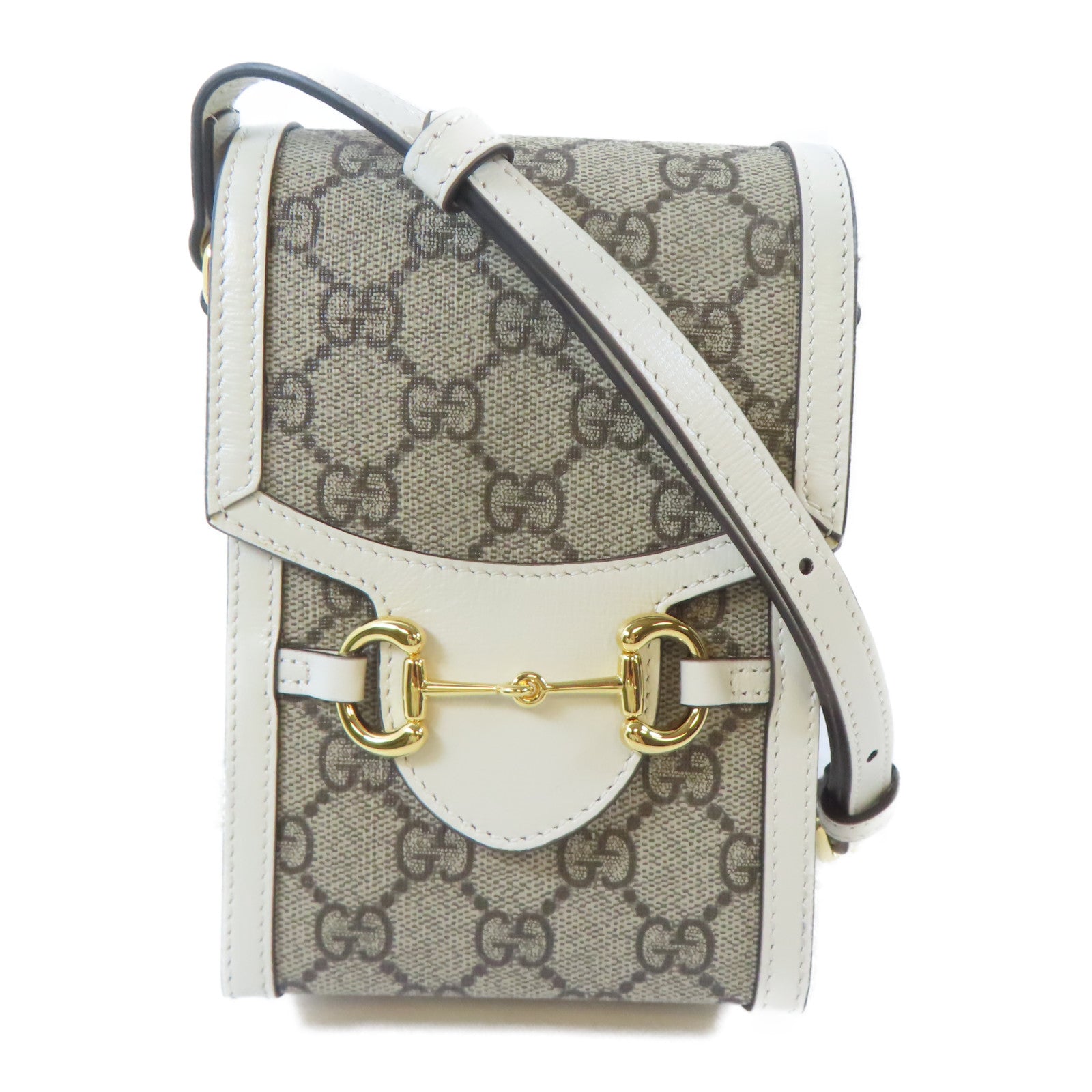 GUCCI 塗層帆布Horsebit 1955 Mini Bag金扣肩背袋啡色/白色