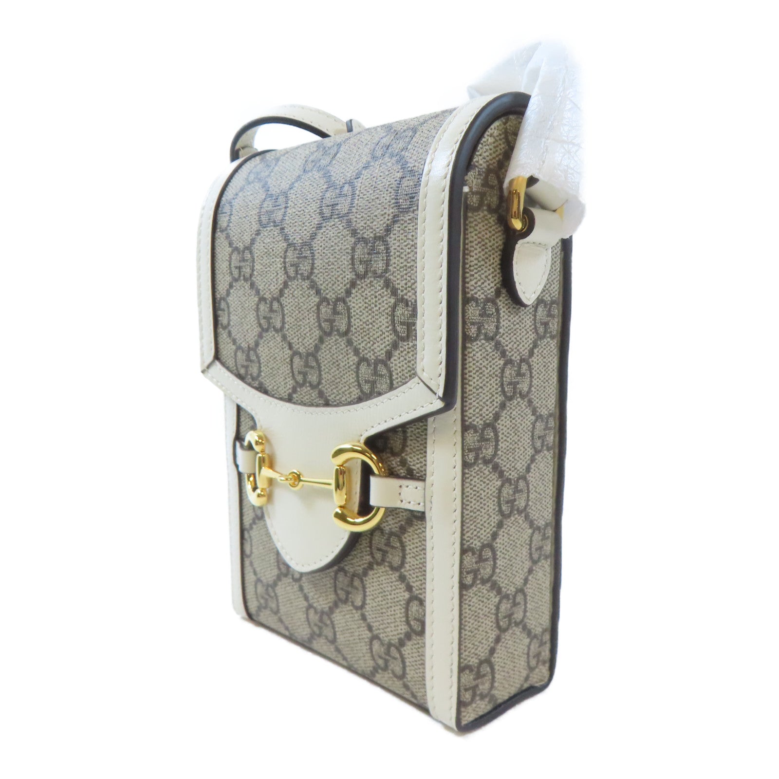 GUCCI 塗層帆布Horsebit 1955 Mini Bag金扣肩背袋啡色/白色