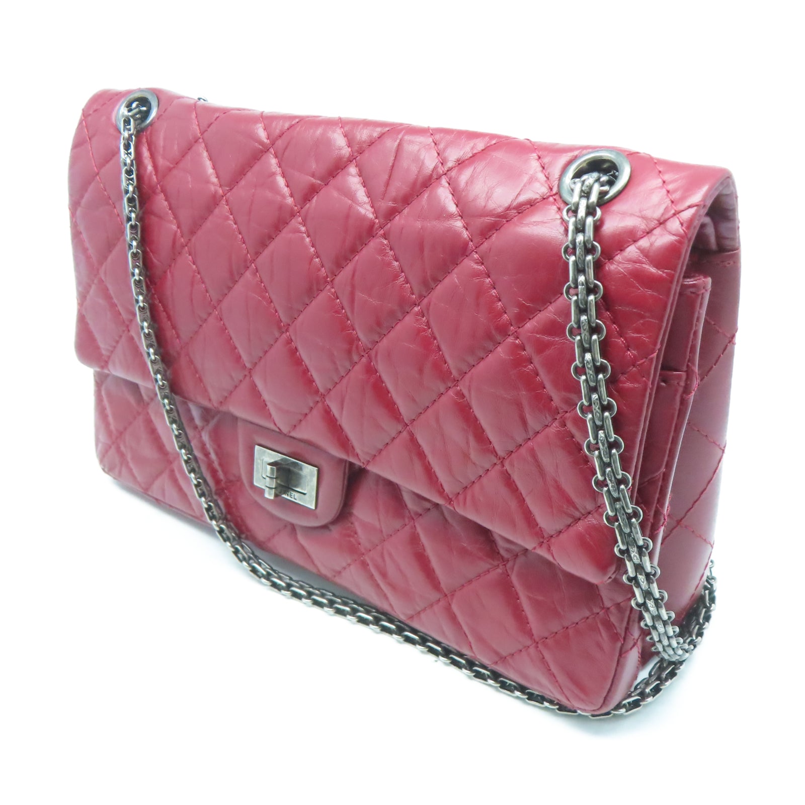 CHANEL 【清倉大減價】牛皮皮革2.55 Chain Shoulder銀扣鏈帶肩背袋紅色