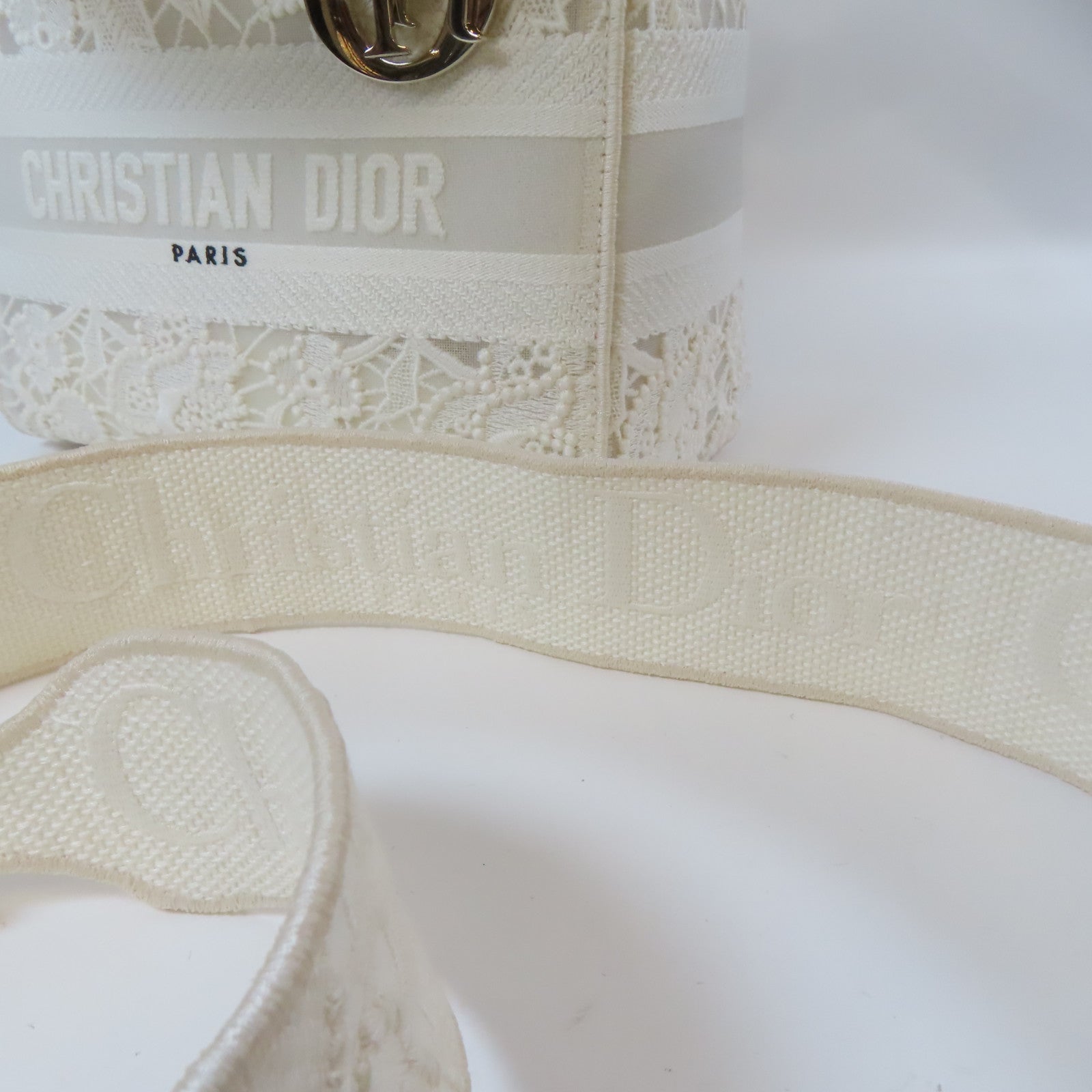 Dior 布料Lady Dior Shoulder金扣手挽肩背兩用袋白色