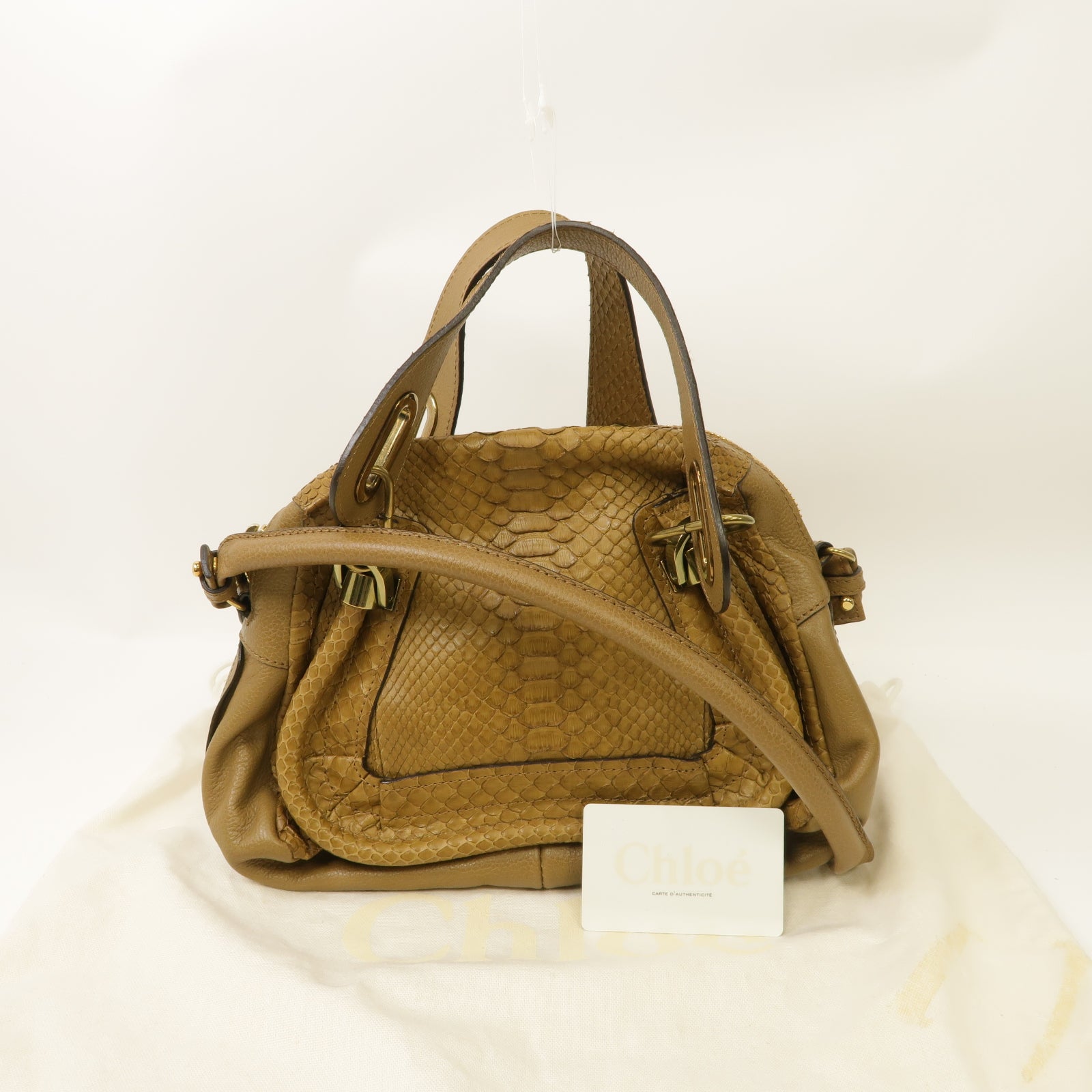 Chloe 蛇皮皮革/牛皮皮革2way Shoulder Bag金扣手挽肩背兩用袋棕色