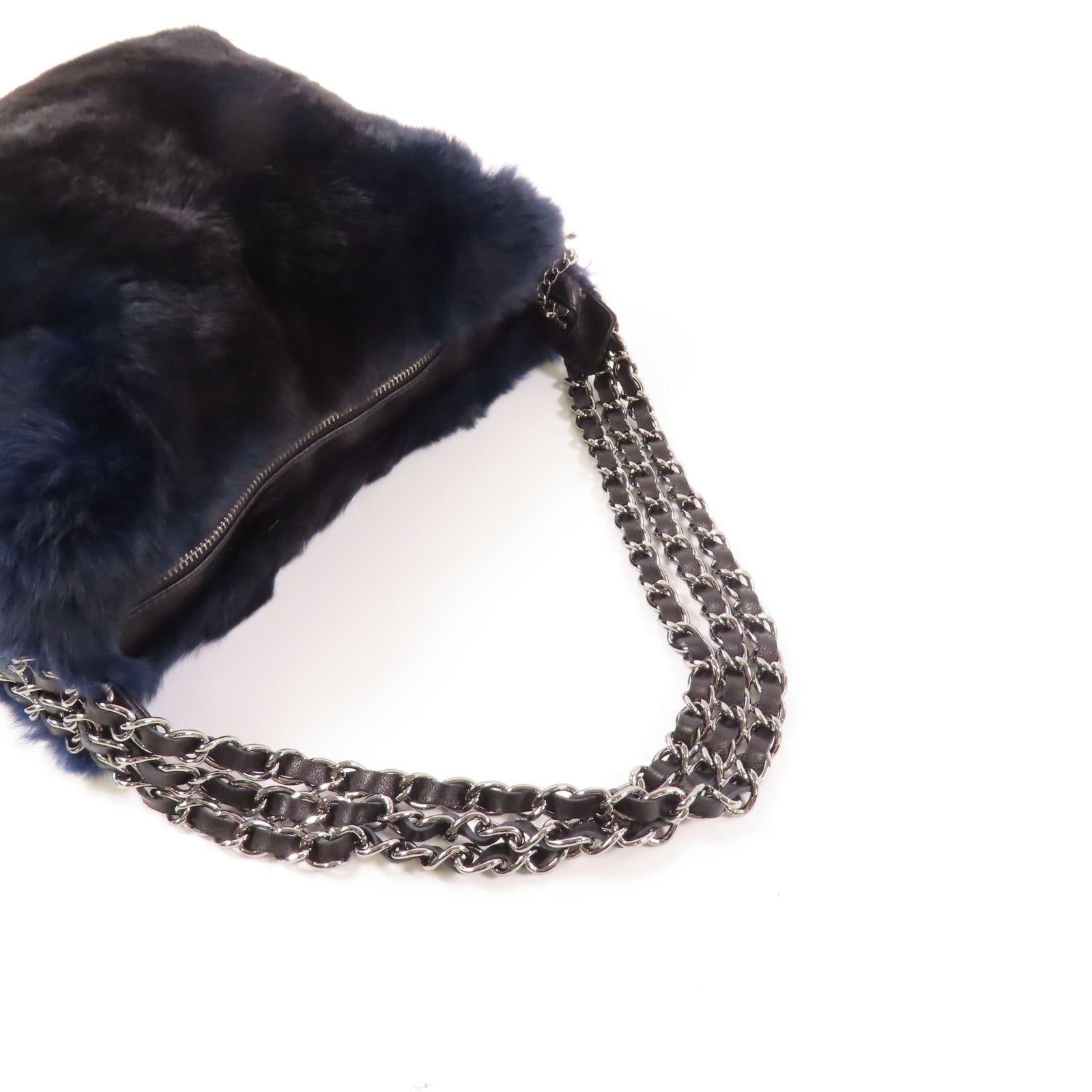 CHANEL 兔毛Chain Shoulder銀扣鏈帶肩背袋