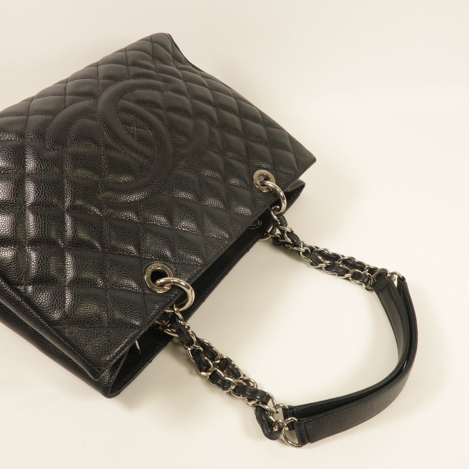 CHANEL 牛皮皮革Grand Shopping Tote Bag銀扣鏈帶肩背袋
