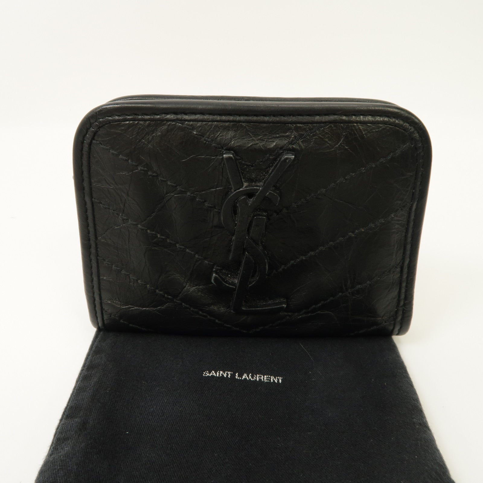 SAINT LAURENT 【激減優惠】斜紋牛皮皮革Niki Wallet銀扣折疊錢包黑色