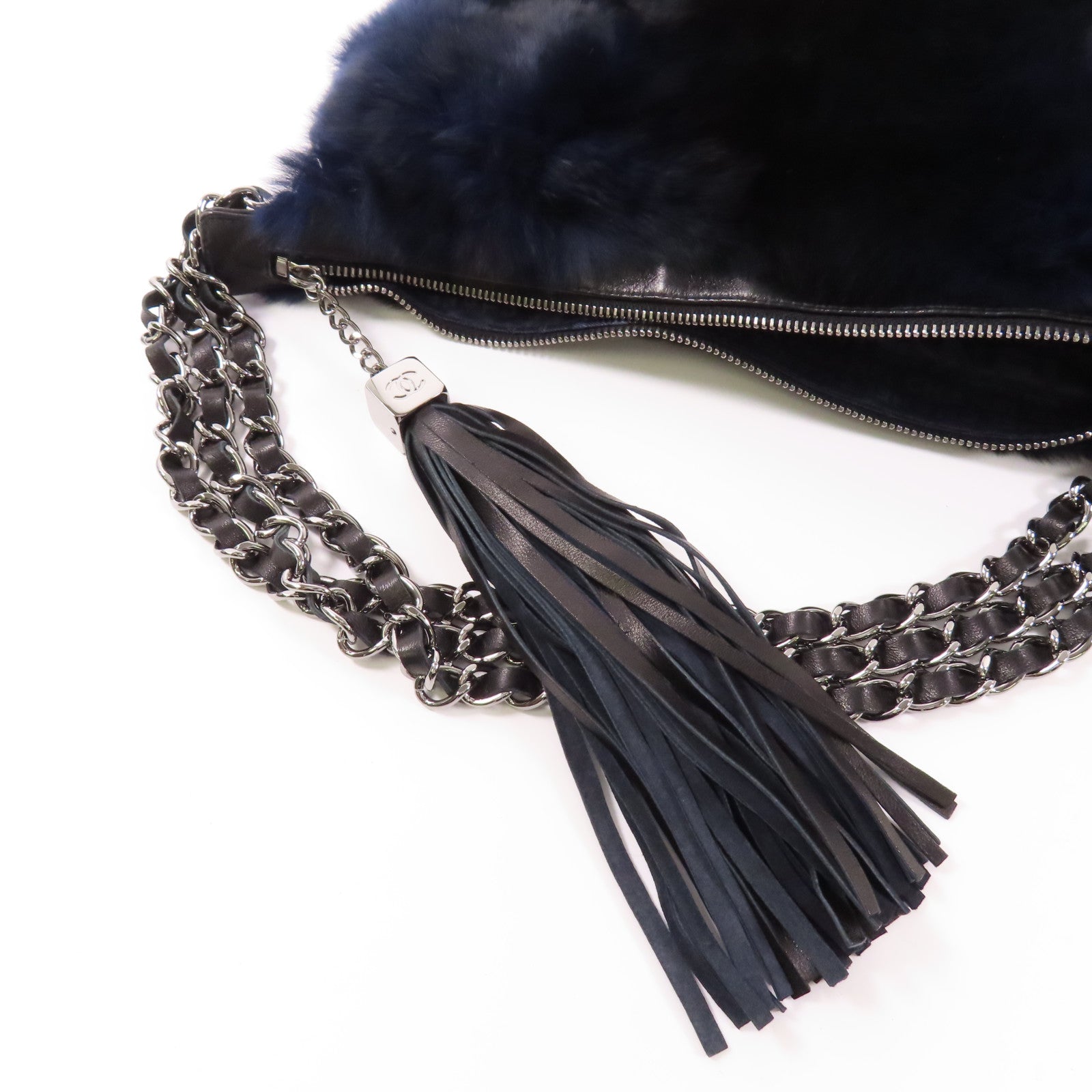 CHANEL 兔毛Chain Shoulder銀扣鏈帶肩背袋