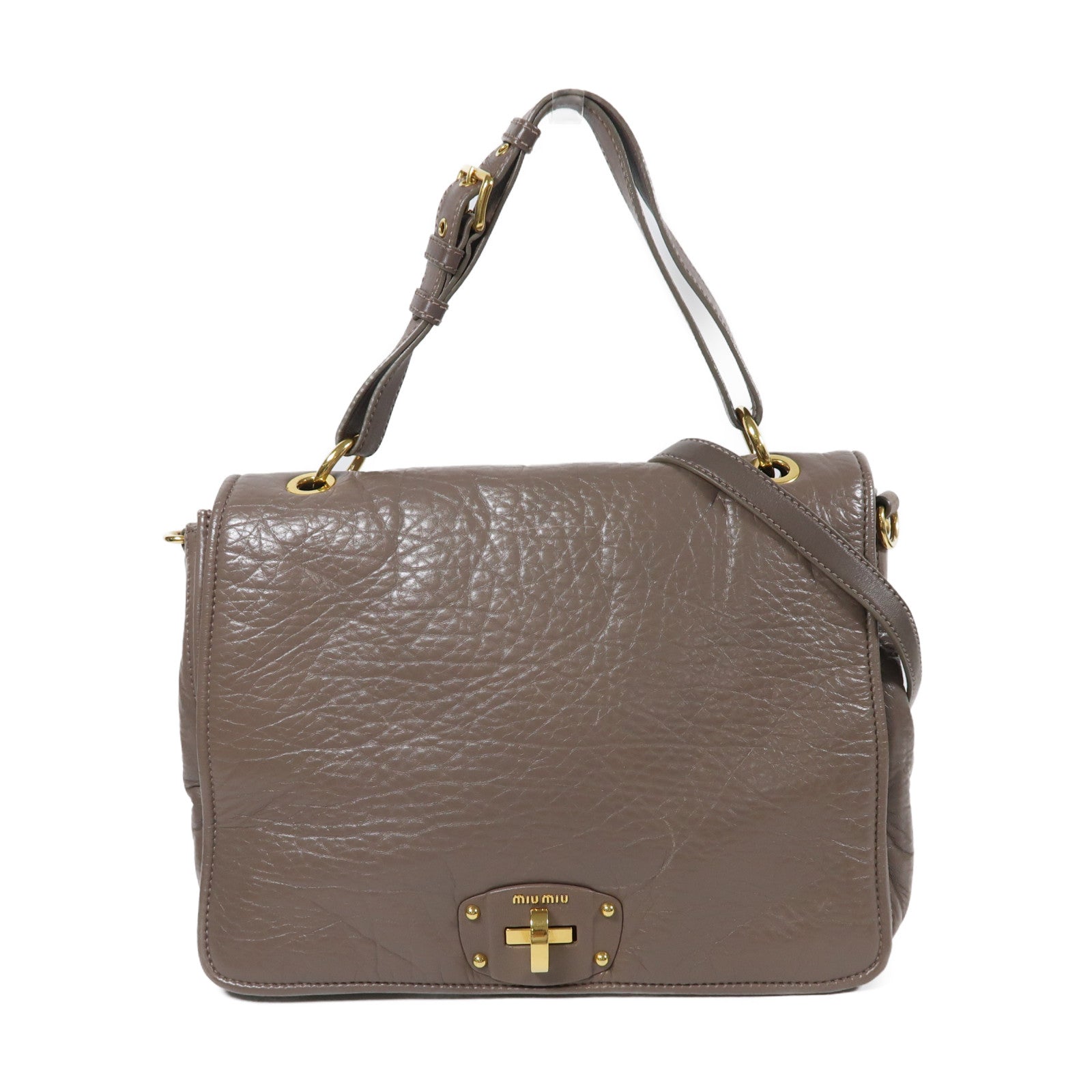 Miu Miu 牛皮皮革Madras 2 Way Bag金扣手挽肩背兩用袋啡色