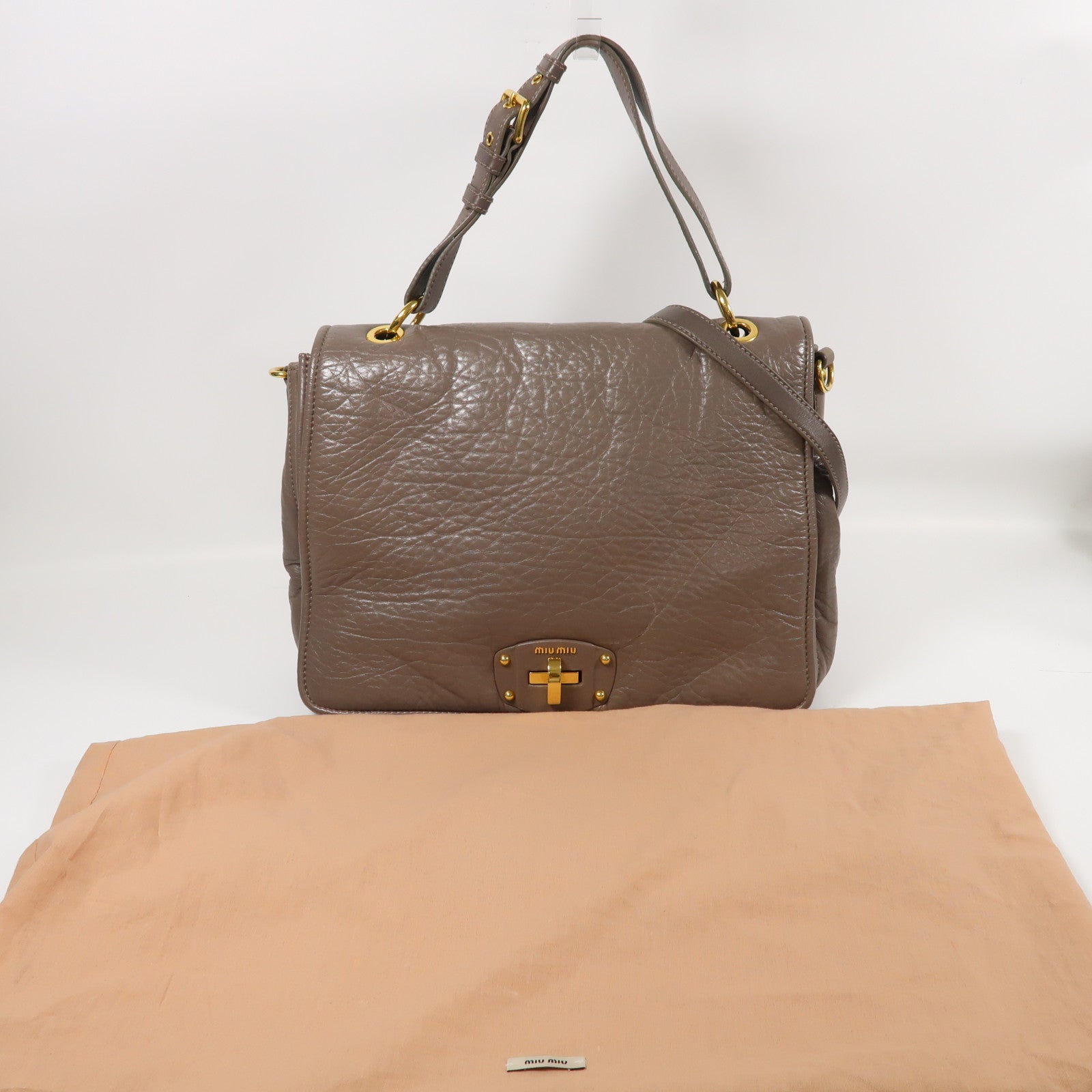 Miu Miu 牛皮皮革Madras 2 Way Bag金扣手挽肩背兩用袋啡色