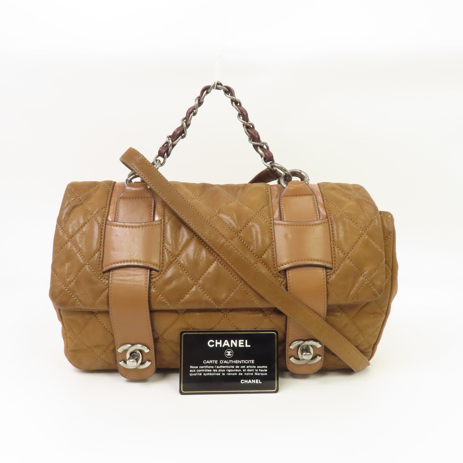 CHANEL 菱格皮革2 Way Shoulder銀扣手挽肩背兩用袋啡色