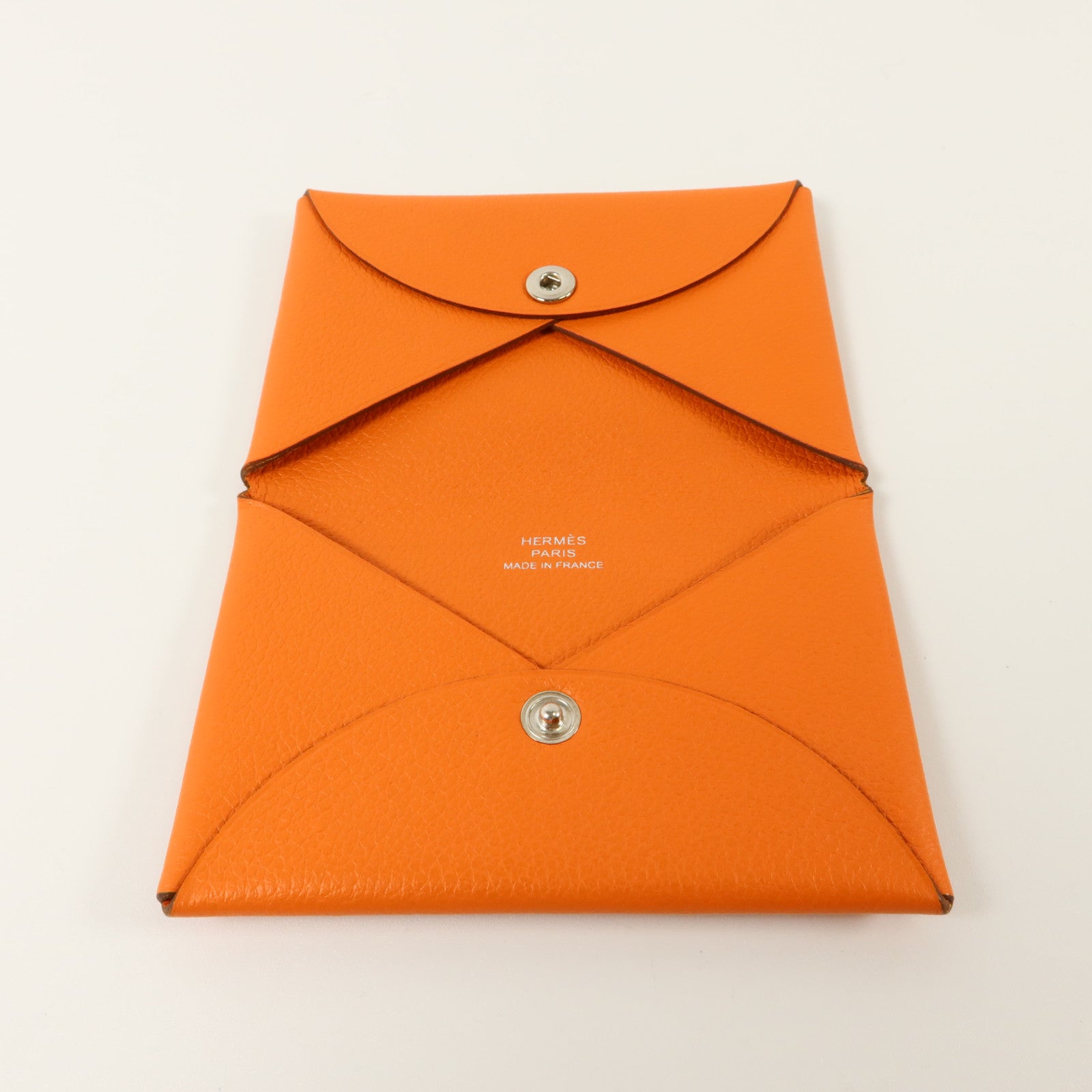 HERMES Mysore皮革Calvi Card Holder銀扣卡片套Orange