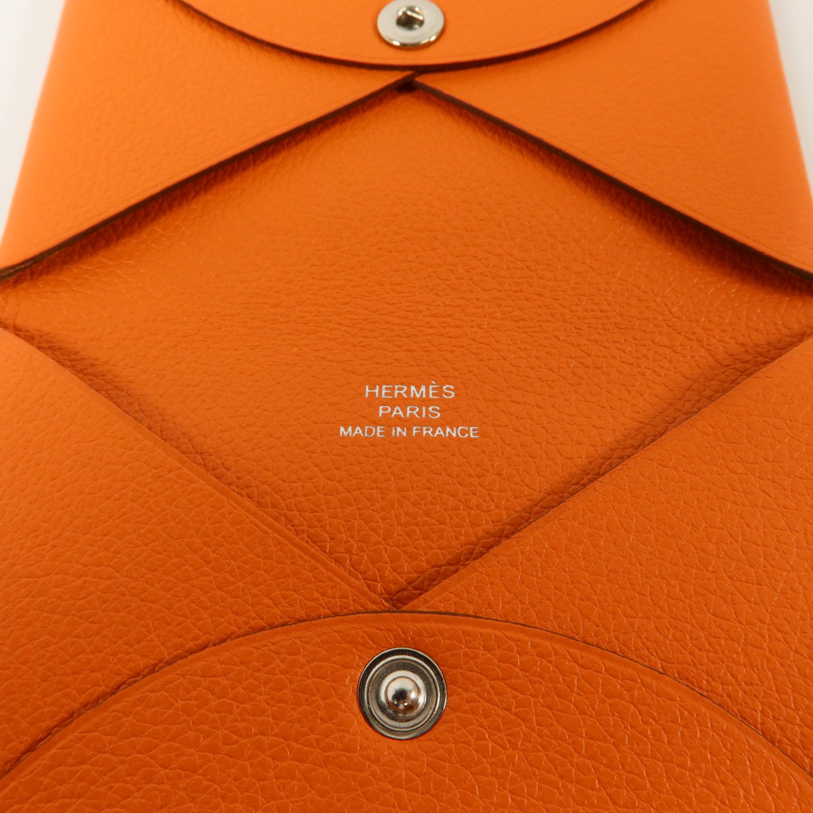 HERMES Mysore皮革Calvi Card Holder銀扣卡片套Orange