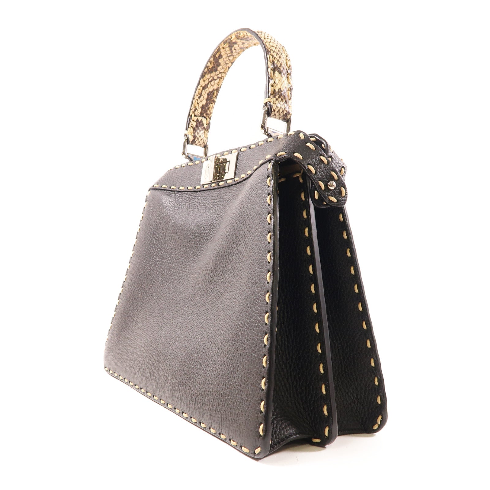 FENDI 牛皮皮革//蛇皮皮革Peekaboo銀扣手挽肩背兩用袋黑色