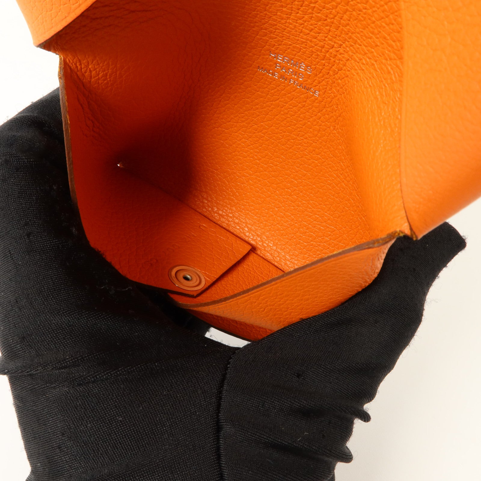 HERMES Mysore皮革Calvi Card Holder銀扣卡片套Orange