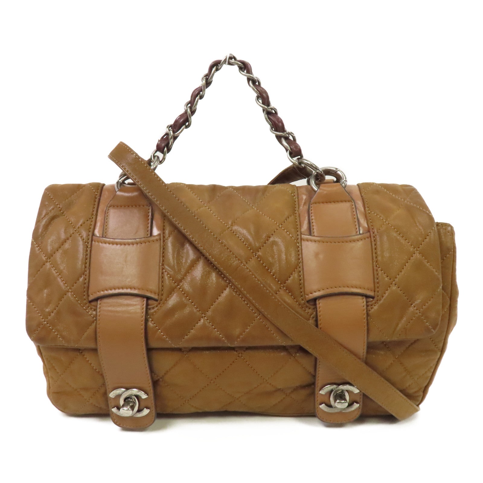 CHANEL 菱格皮革2 Way Shoulder銀扣手挽肩背兩用袋啡色